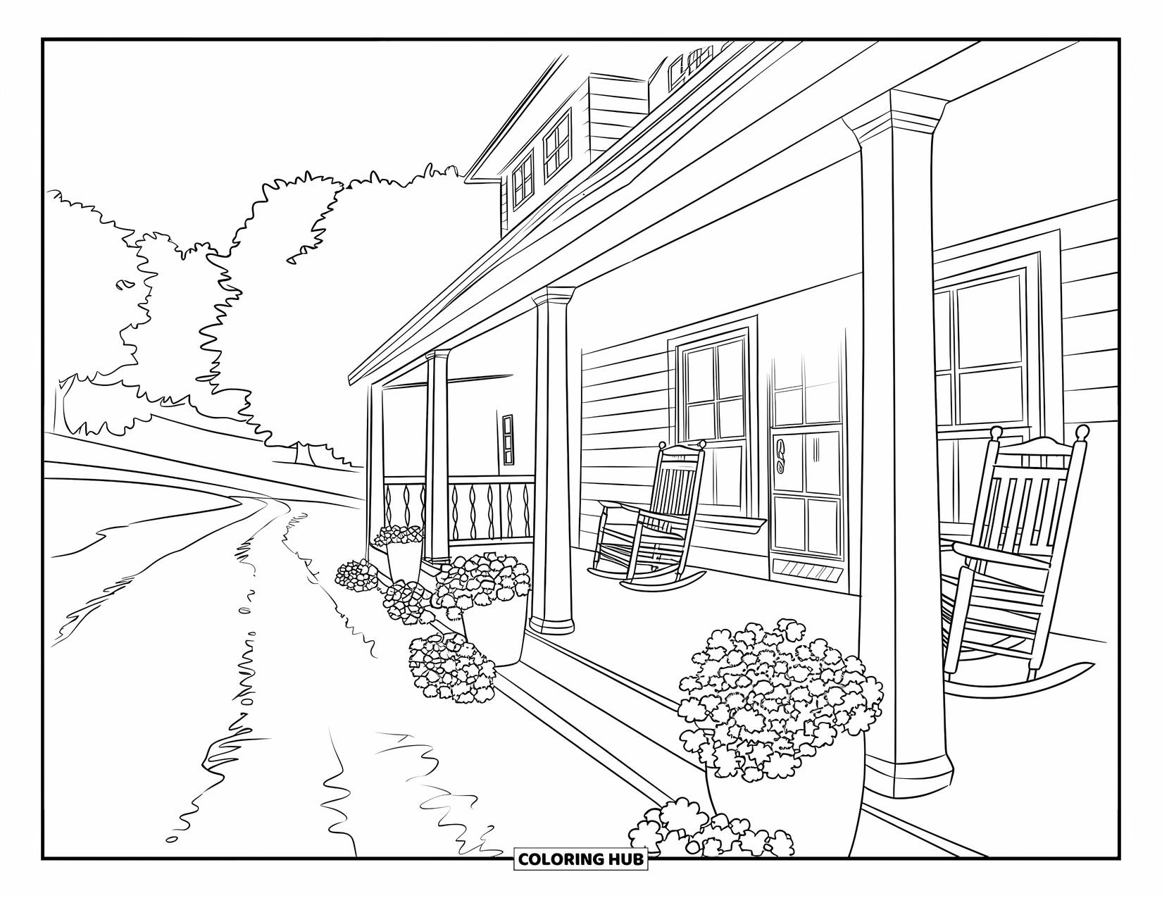 Scenic Coloring Page for Adults: Rocking chairs rest on a farmhouse porch with a curving path and gentle hills