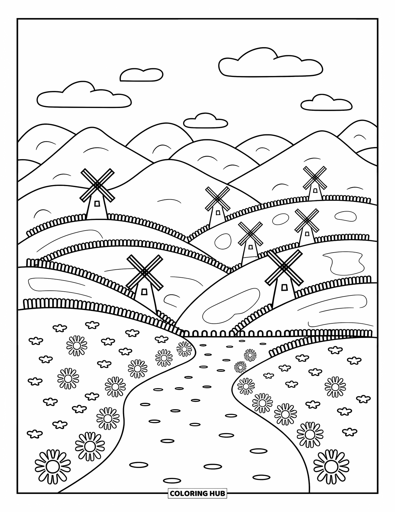 Scenic Coloring Page for Adults: Rolling hills with winding paths, flower beds, and windmills create a cozy landscape