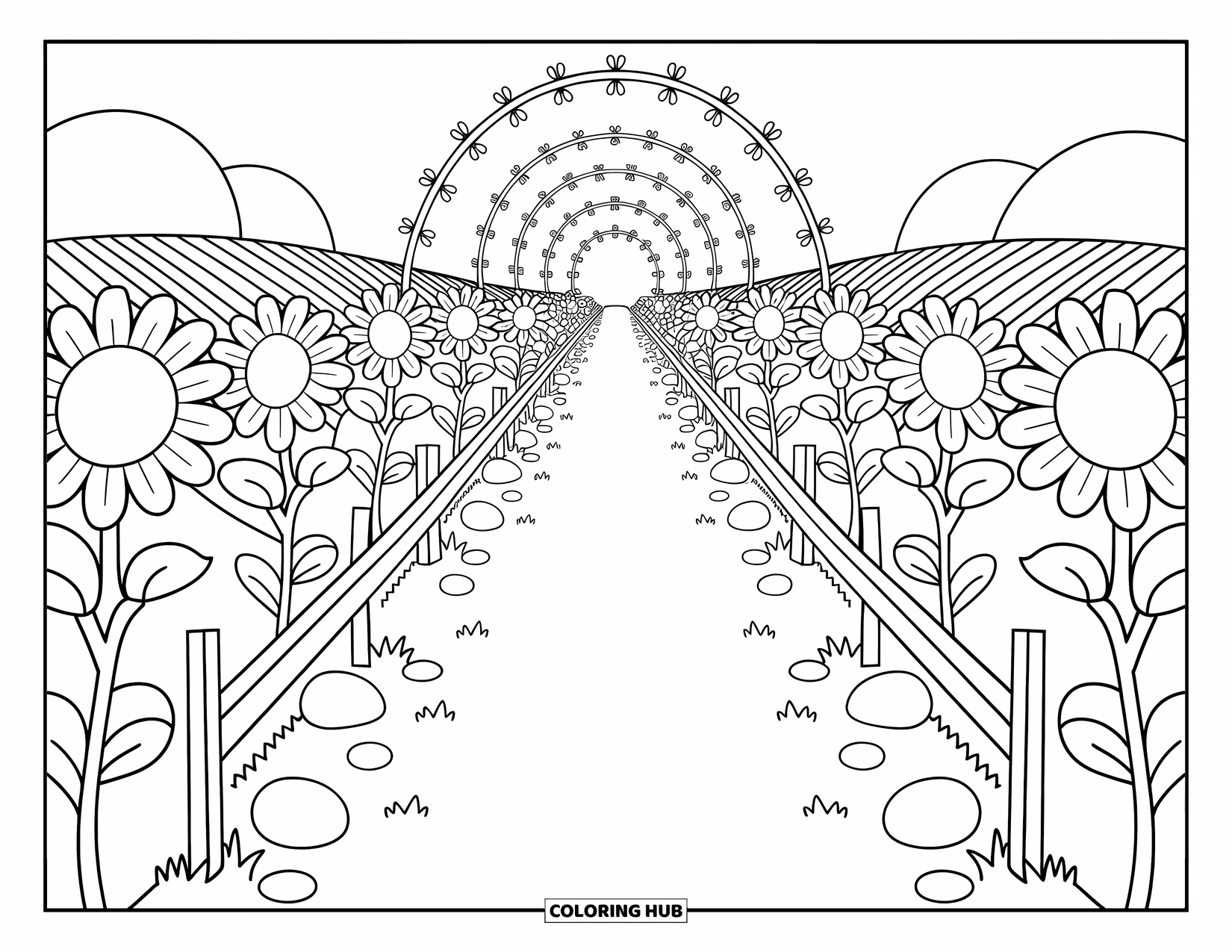 Scenic Coloring Page for Adults: Sunflowers line a long path with vine arches and gentle hills in the distance