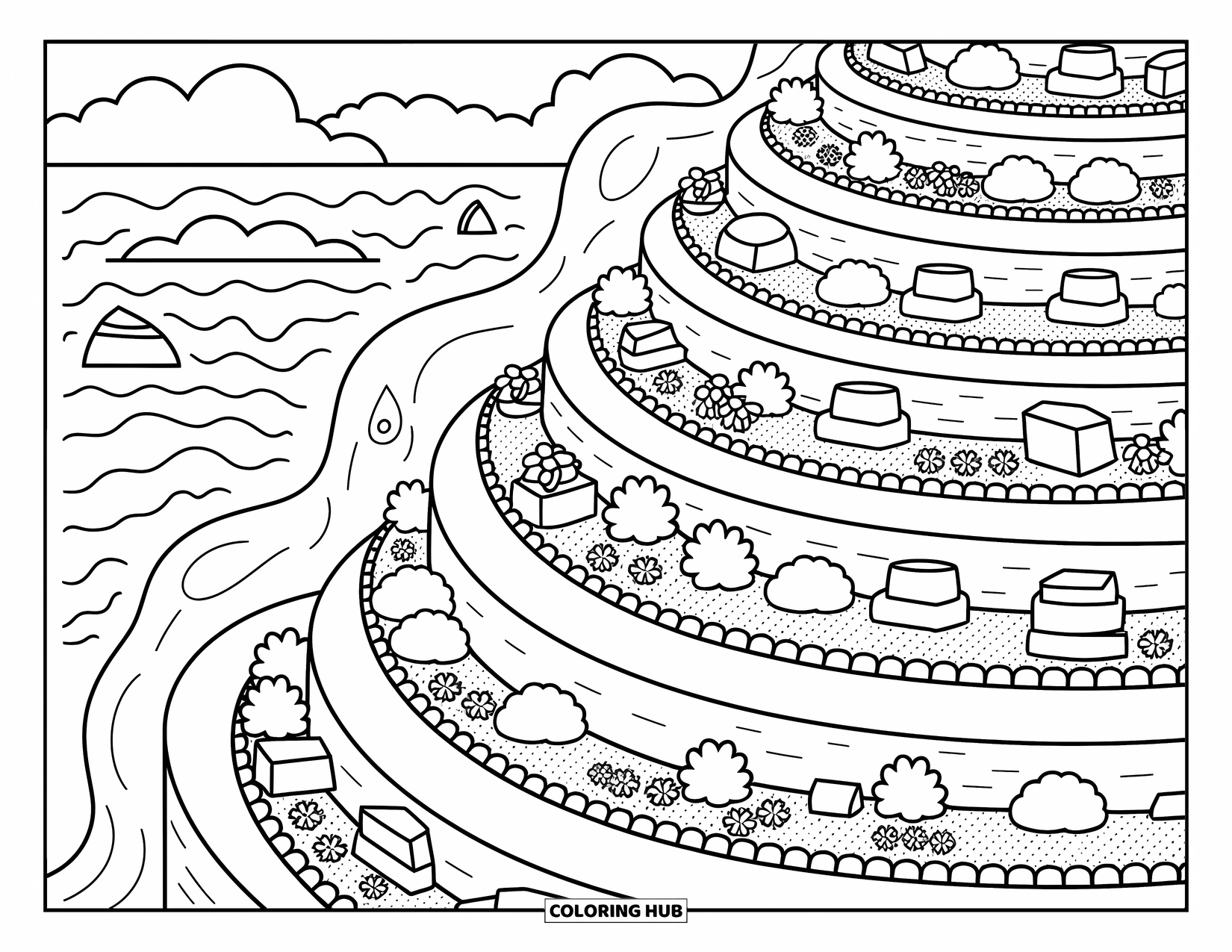 Scenic Coloring Page for Adults: Tiered garden ledges overlook the ocean under a sky filled with soft clouds