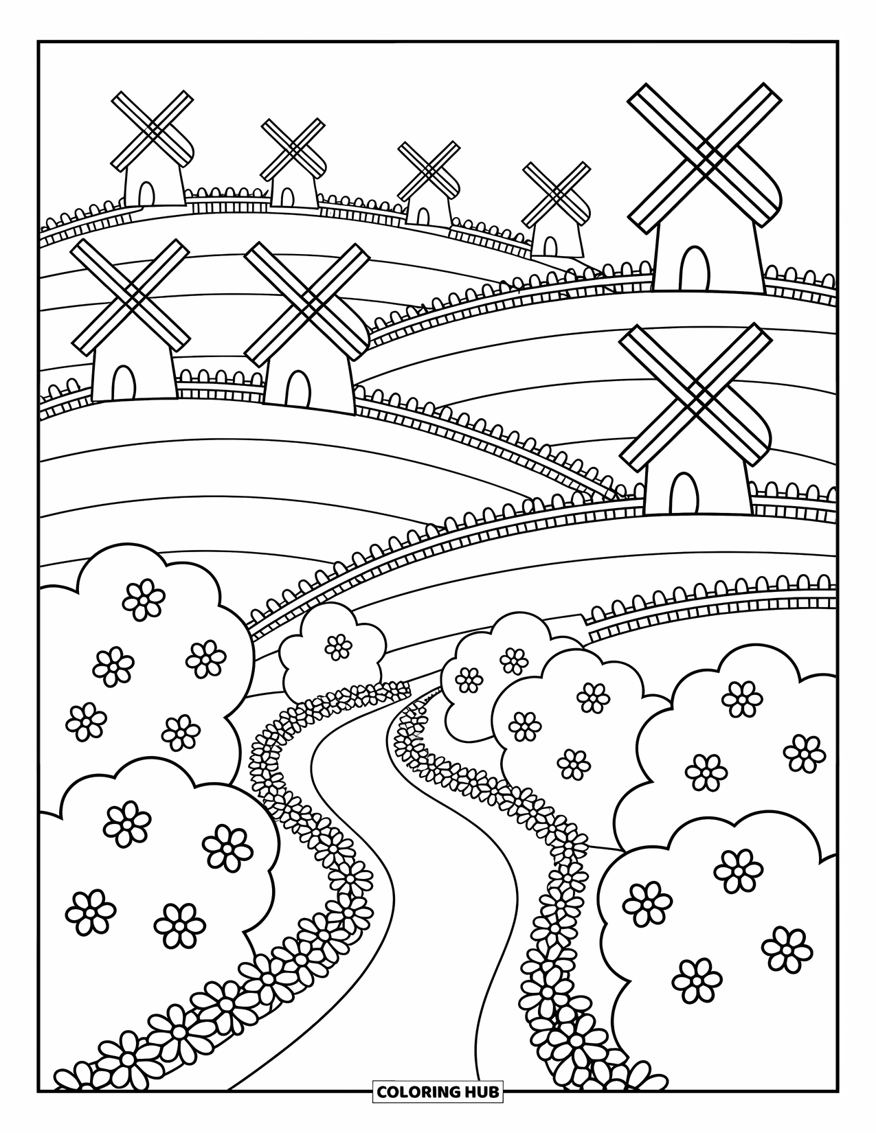 Scenic Coloring Page for Adults: Winding trails and round windmills sit among flower beds and soft hills