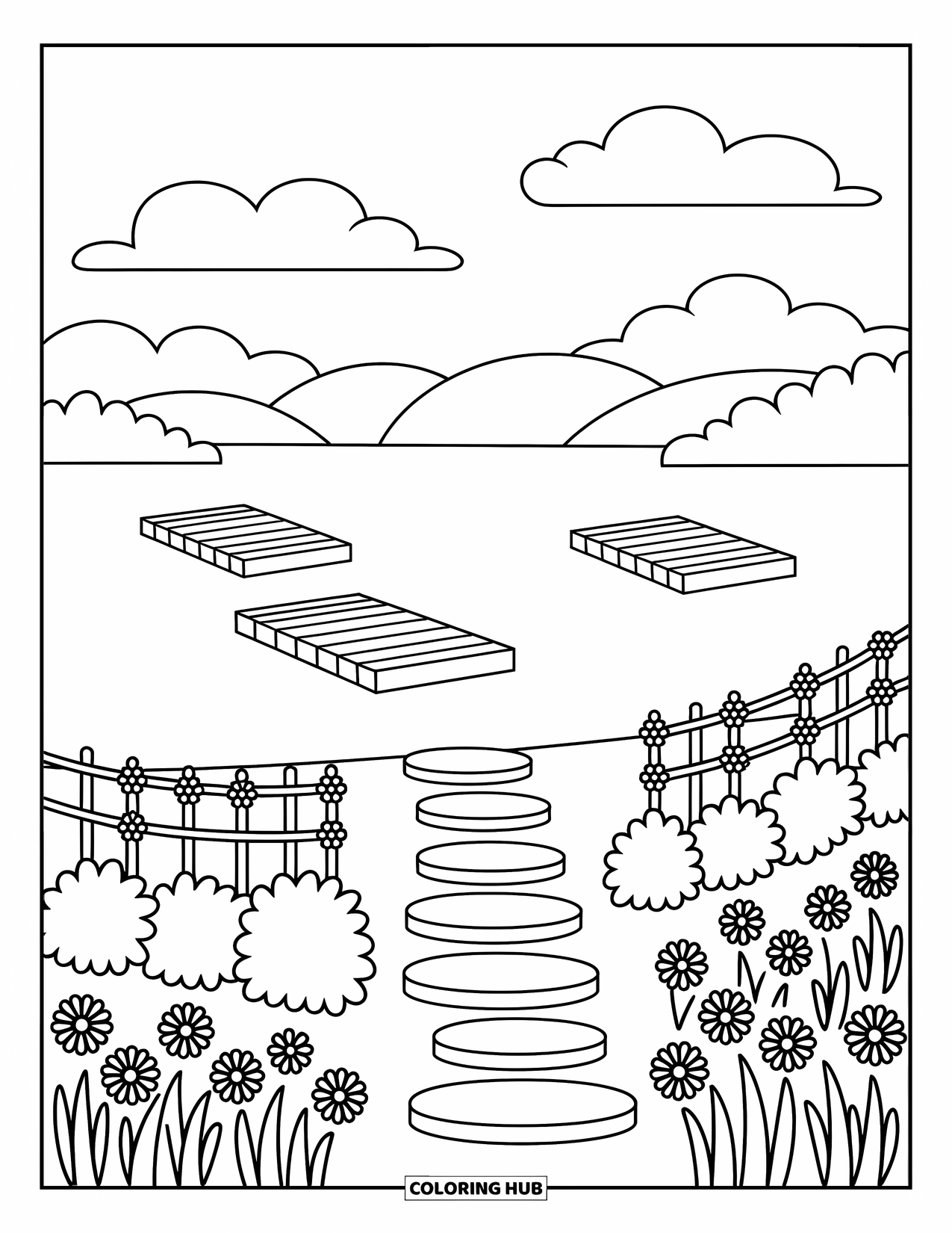 Scenic Coloring Page for Adults: Wooden docks stretch into still water beside a lakeside garden with stepping stones