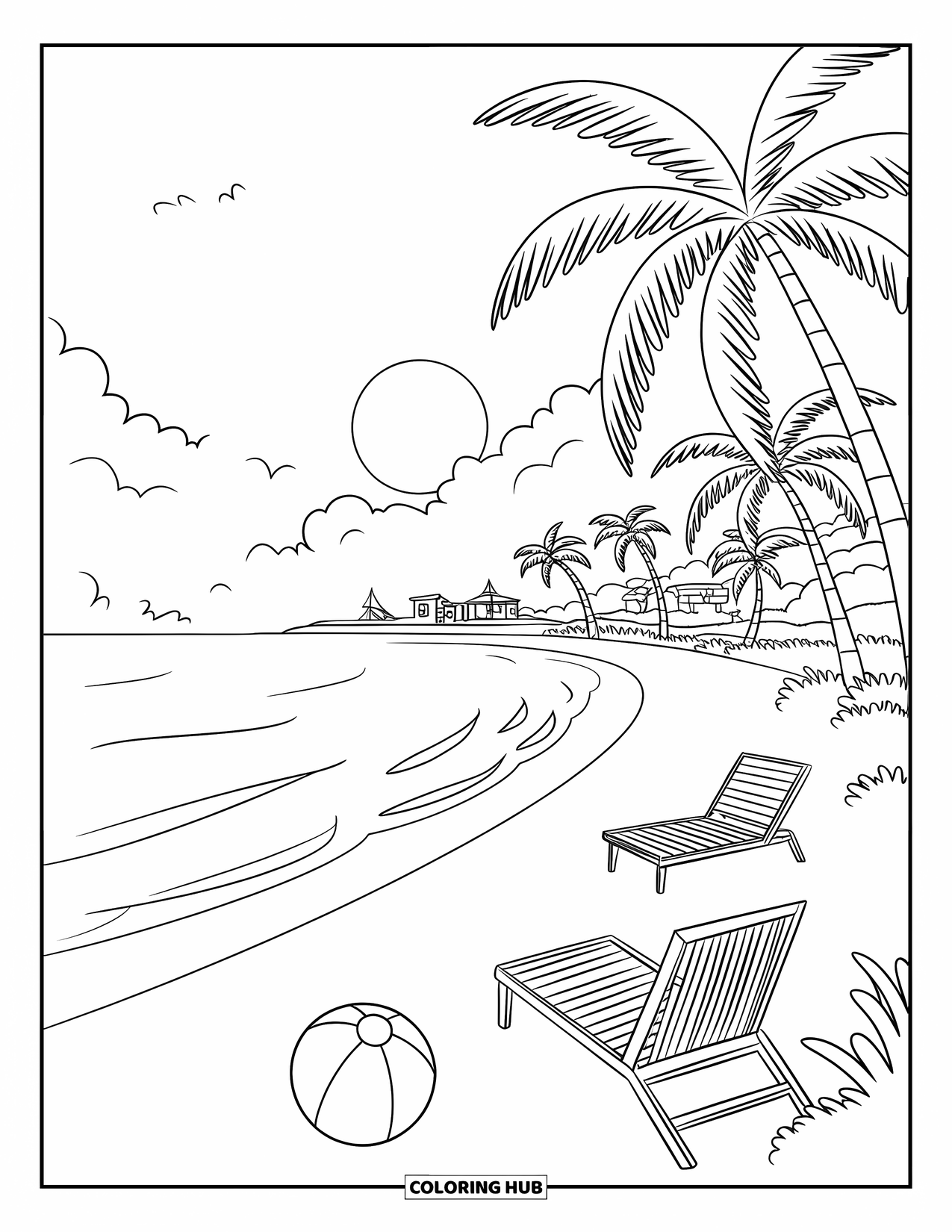 Scenic Coloring Page for Kids: A breezy beach scene with palm trees, a beach ball, and cozy chairs