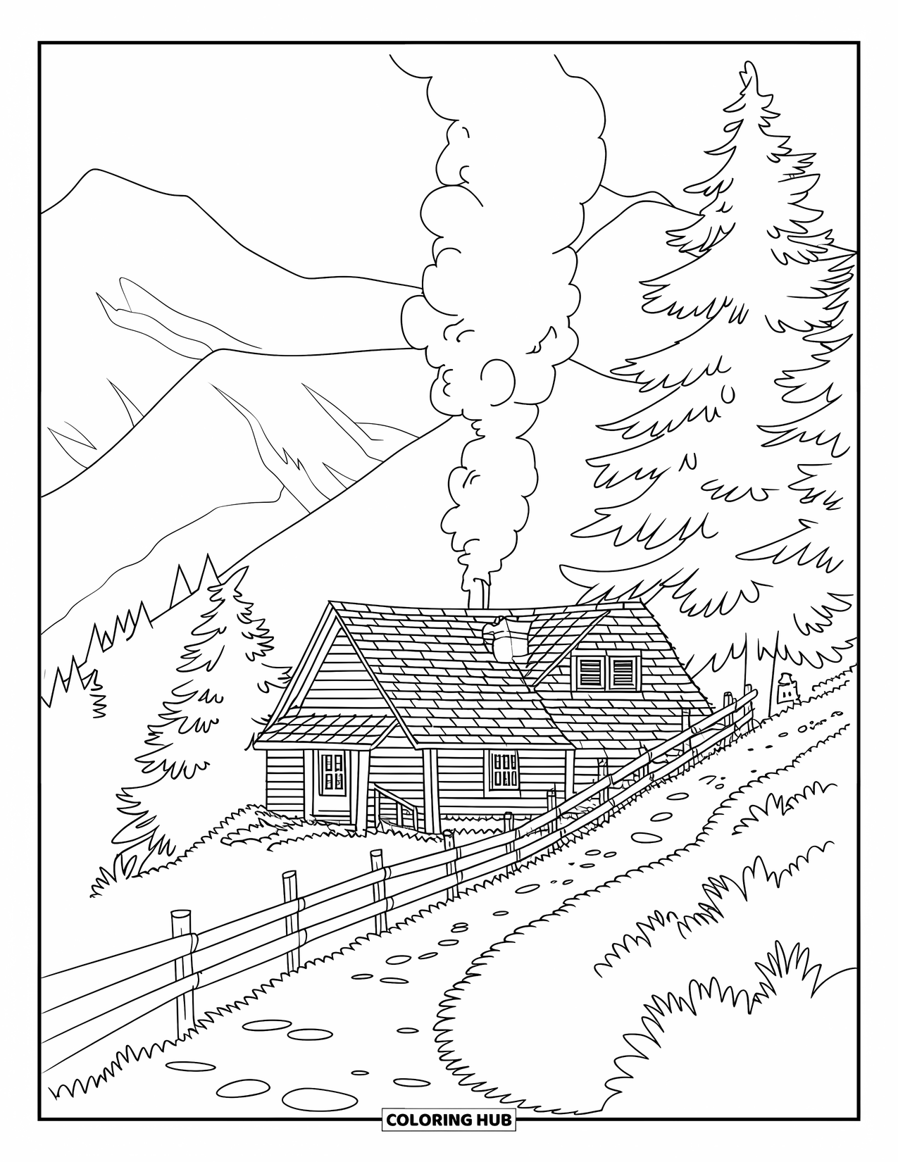 Scenic Coloring Page for Kids: A cabin with smoke rising sits beside a path lined with tall pine trees