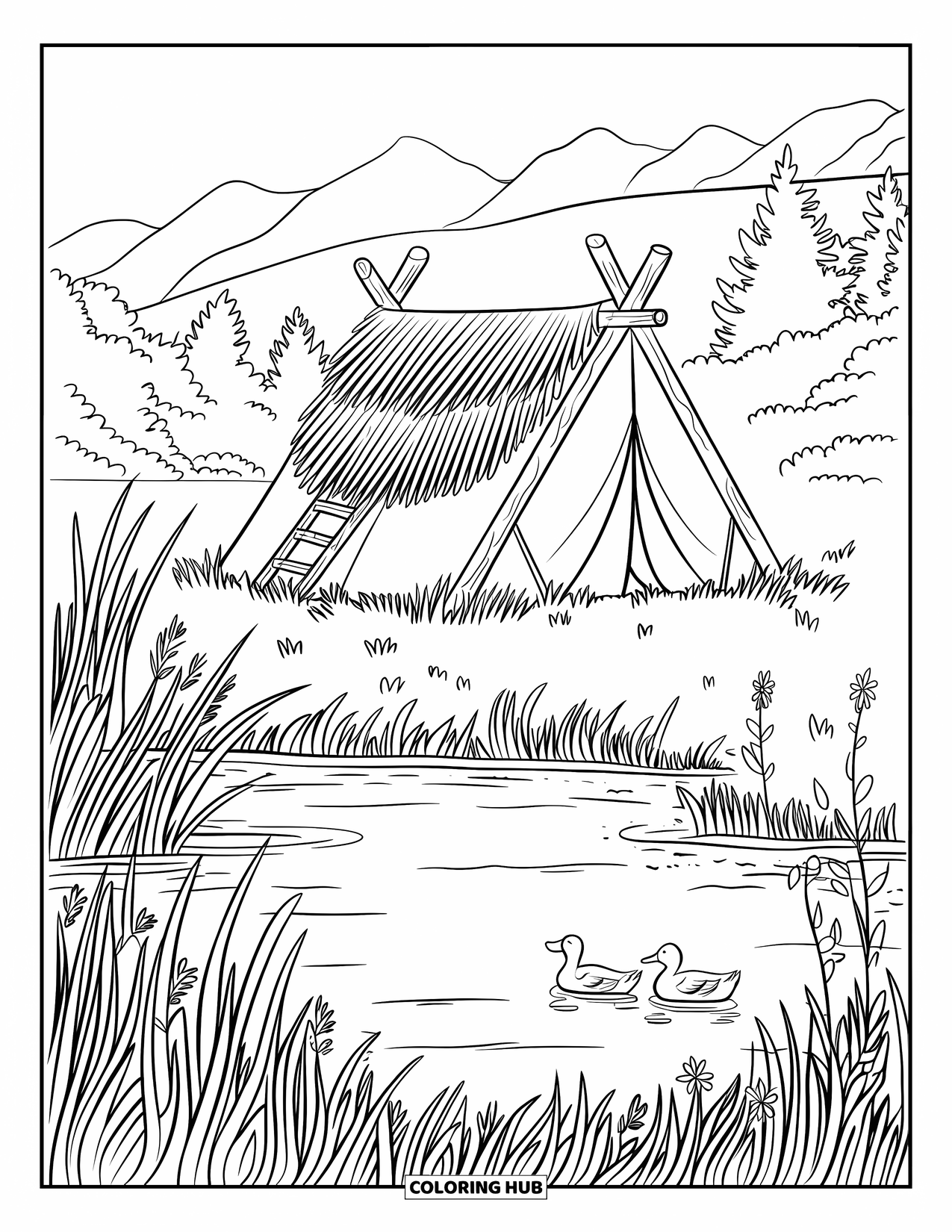 Scenic Coloring Page for Kids: A calm lake reflects the sky near a wooden tent and blooming grass