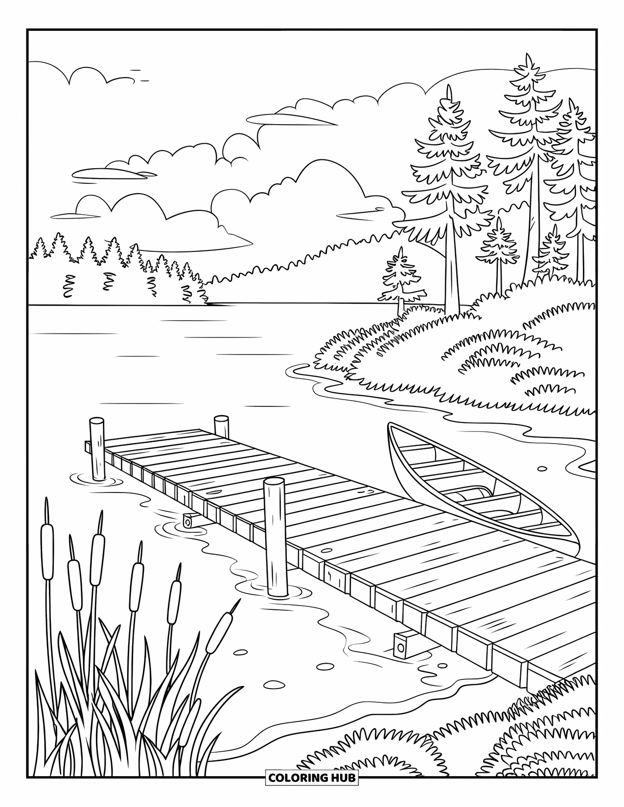 Scenic Coloring Page for Kids: A canoe and dock rest quietly by a lake surrounded by pine trees and cattails