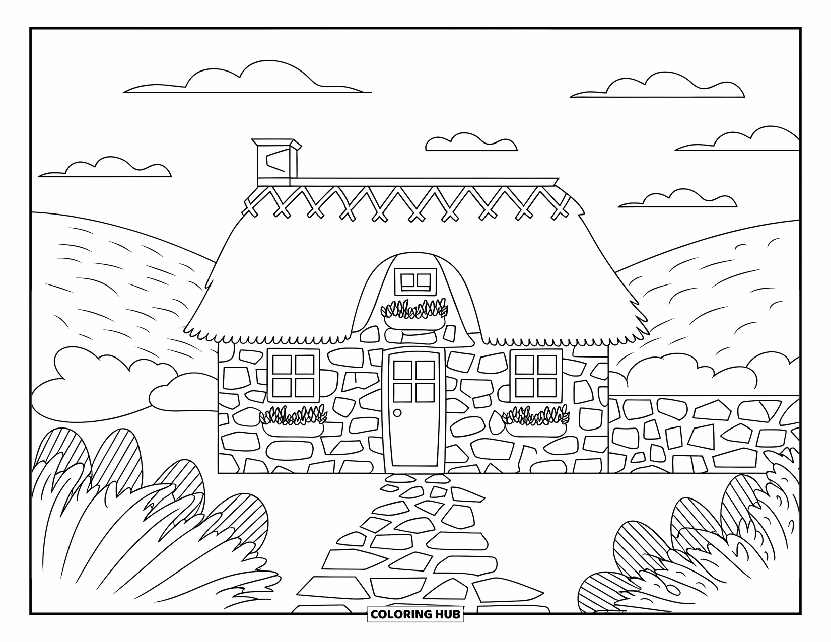 Scenic Coloring Page for Kids: A cobblestone cottage with planters and a stone path sits in rolling hills