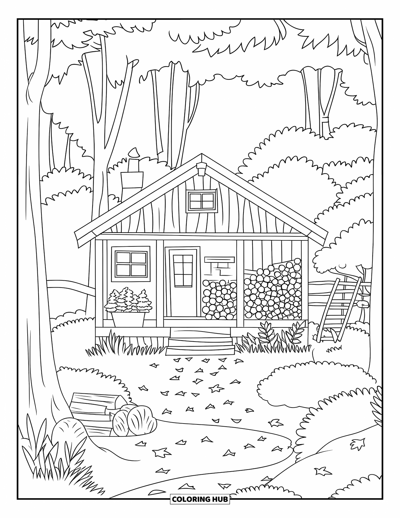 Scenic Coloring Page for Kids: A cozy cabin sits in the woods with firewood, plants, and a leafy path