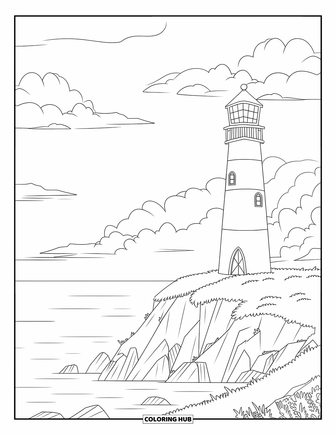 Scenic Coloring Page for Kids: A cozy lighthouse rises above the sea with calm waves and clouds in the sky