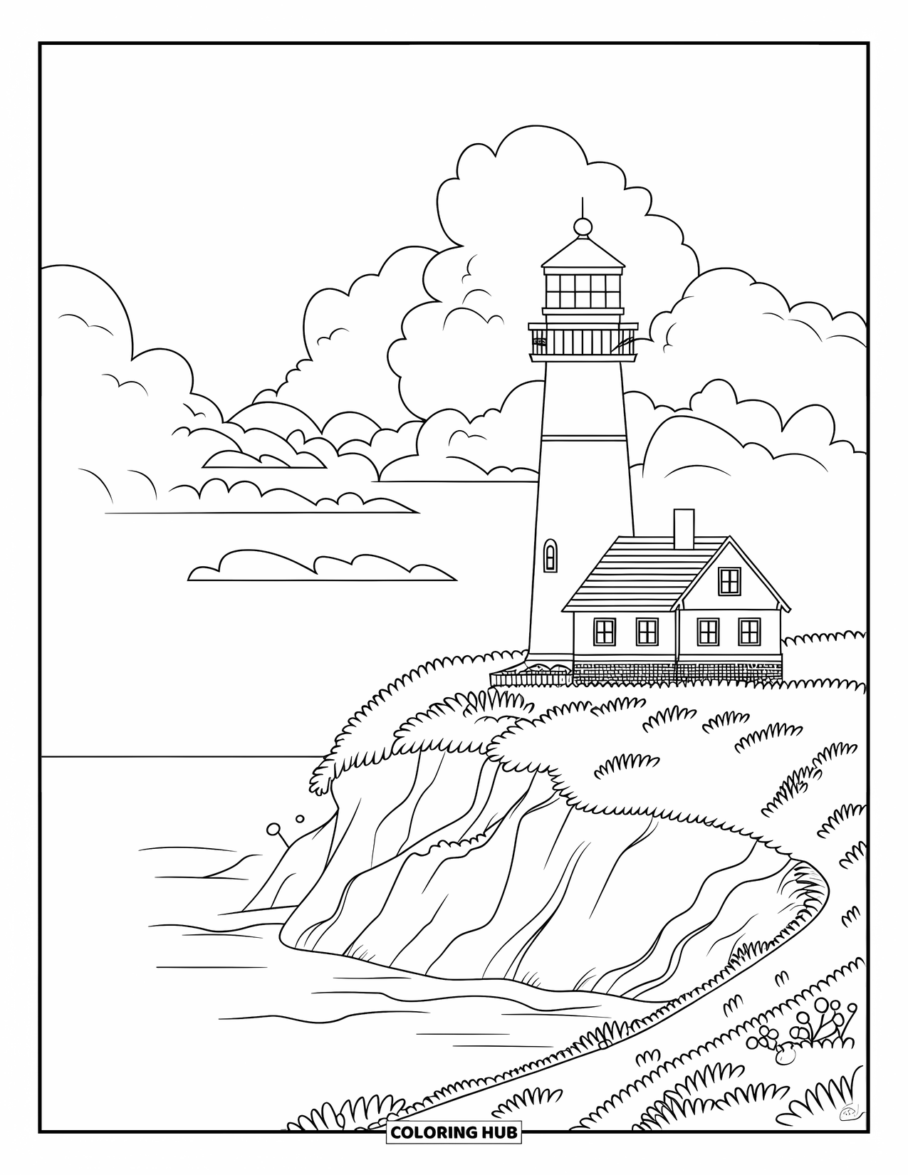 Scenic Coloring Page for Kids: A cozy lighthouse stands tall on a cliff above a peaceful ocean view