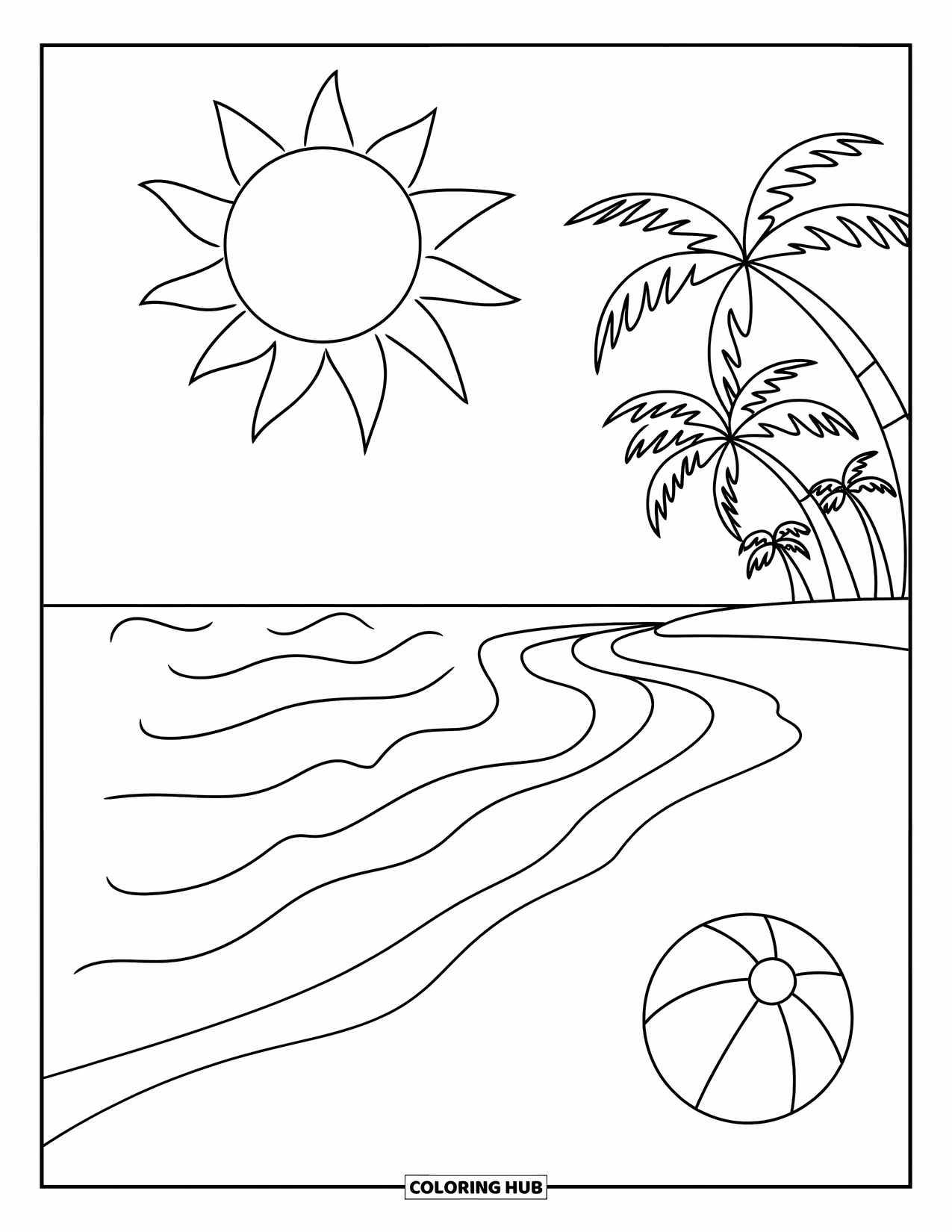 Scenic Coloring Page for Kids: A curving beach with a beach ball, gentle waves, and bright sunshine