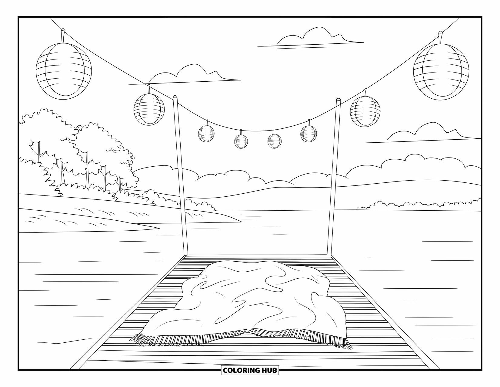 Scenic Coloring Page for Kids: A dock by the water with cozy lanterns, a blanket, and a view of trees