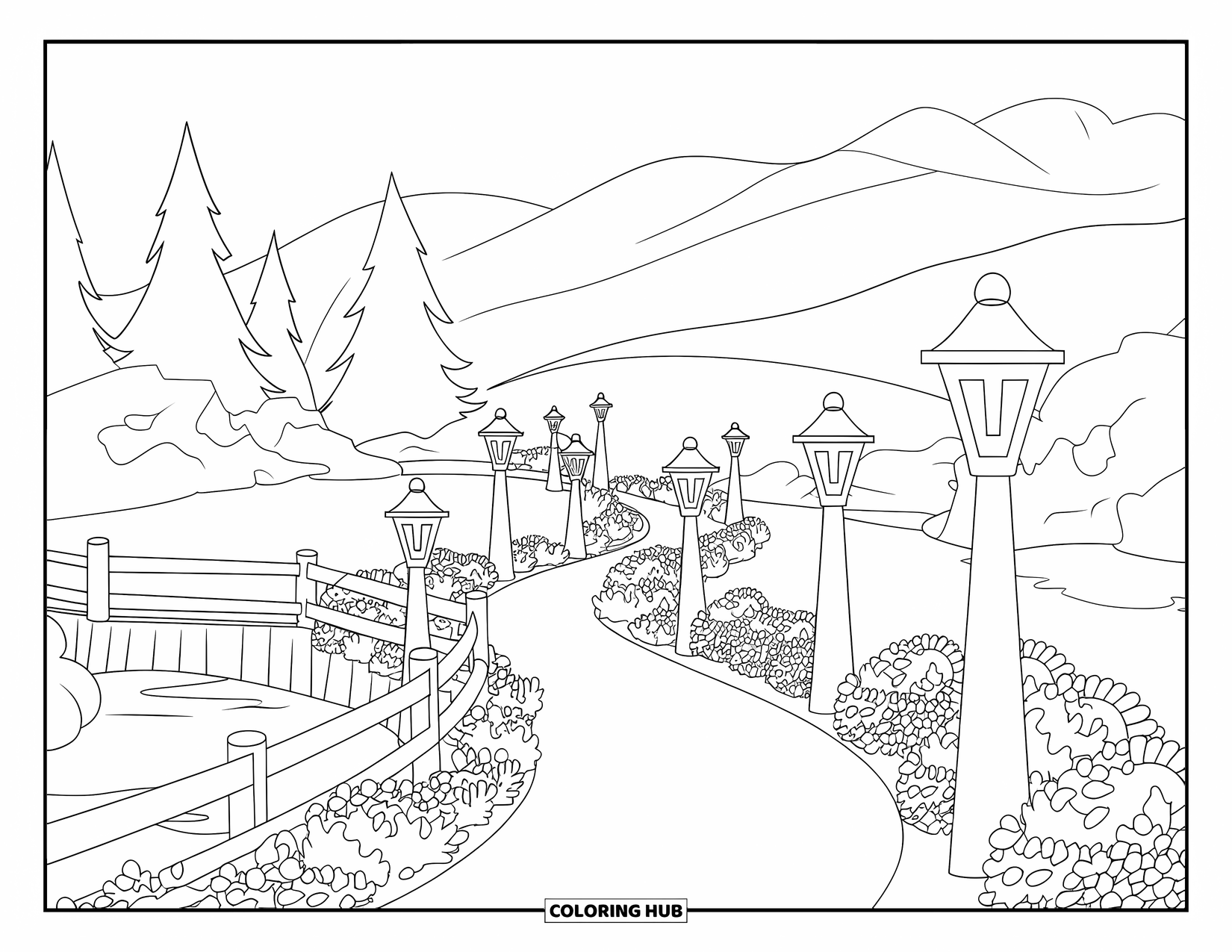 Scenic Coloring Page for Kids: A garden trail with lanterns and flowers leads to a bridge in the woods