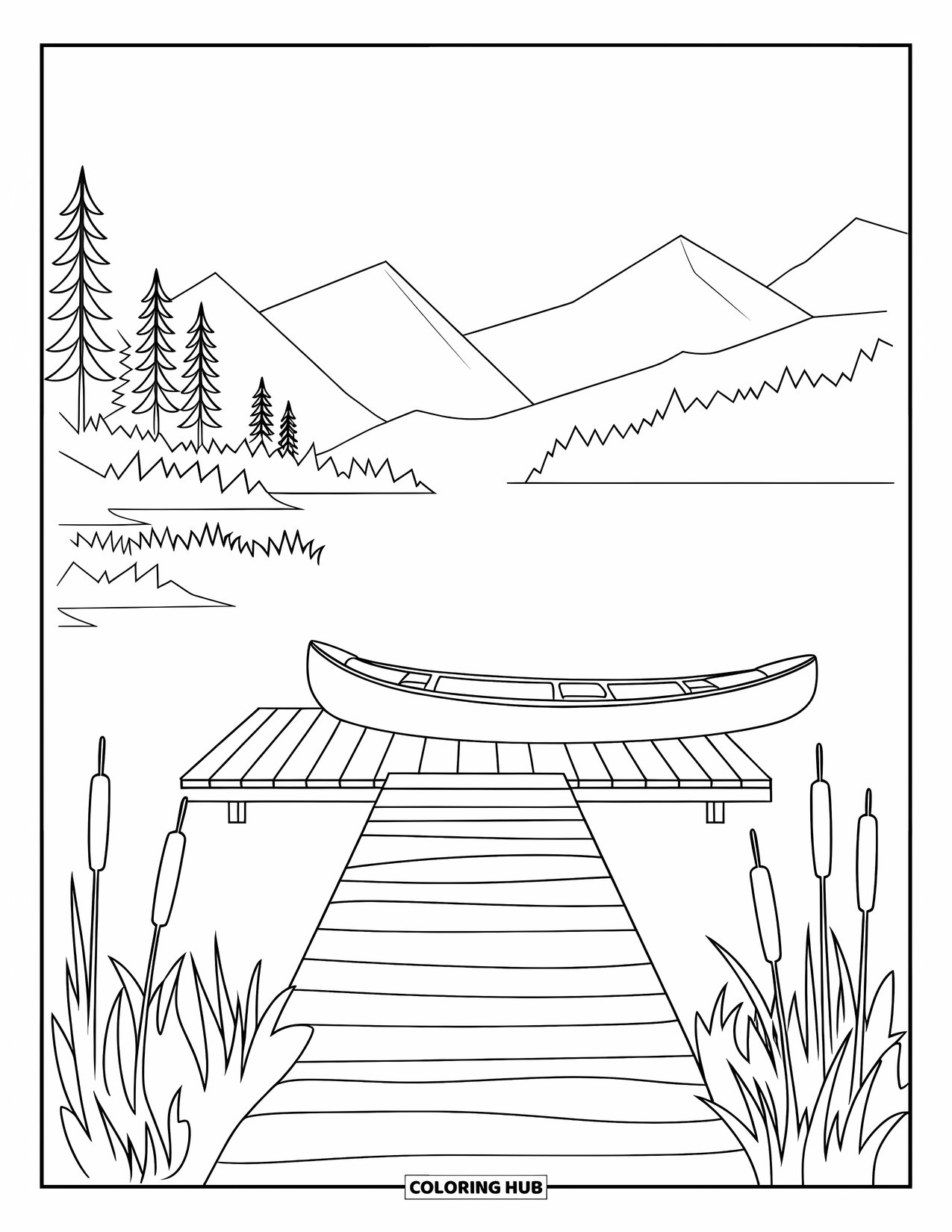 Scenic Coloring Page for Kids: A lakeside dock with a canoe is surrounded by pine trees and cattails