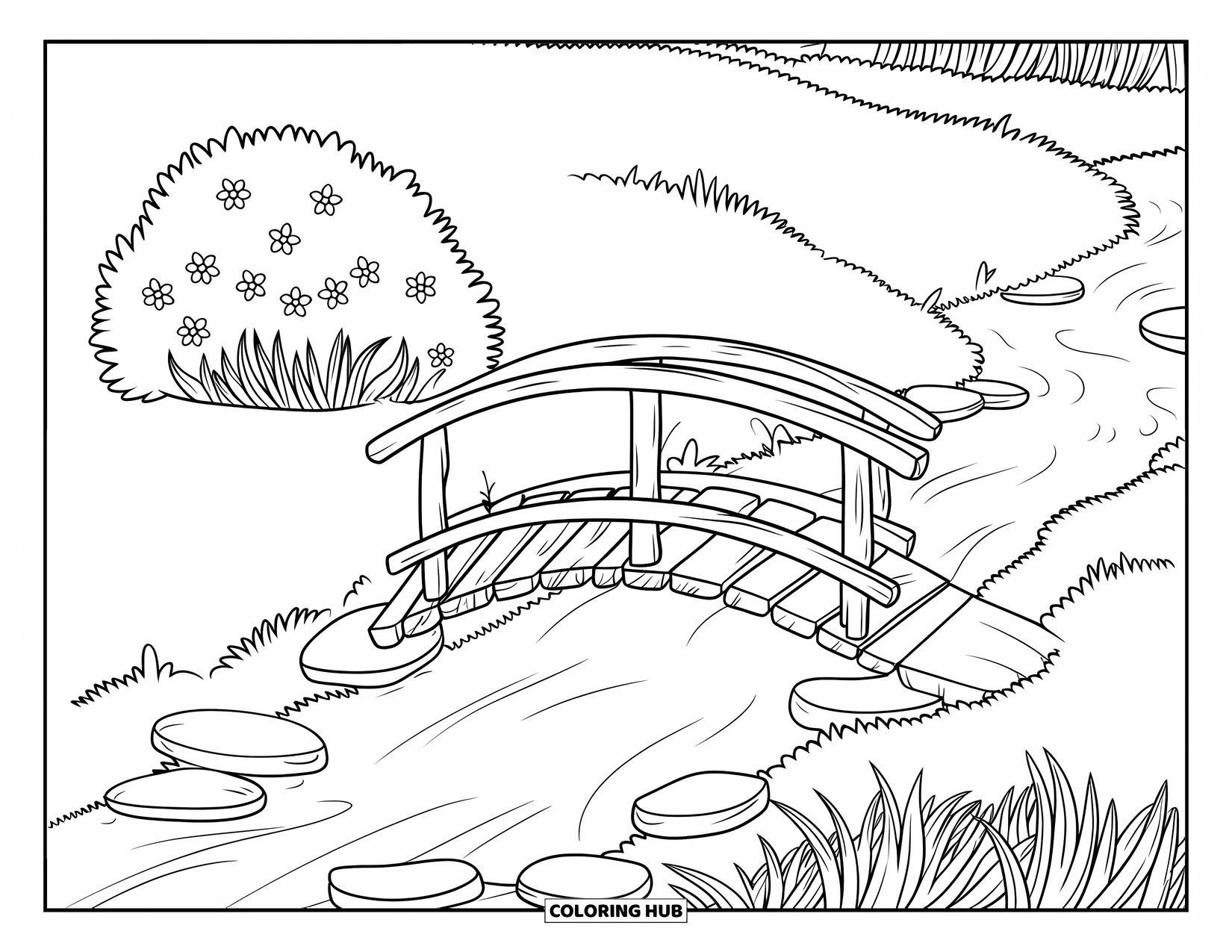 Scenic Coloring Page for Kids: A peaceful bridge crosses a stream surrounded by flowers, bushes, and soft greenery