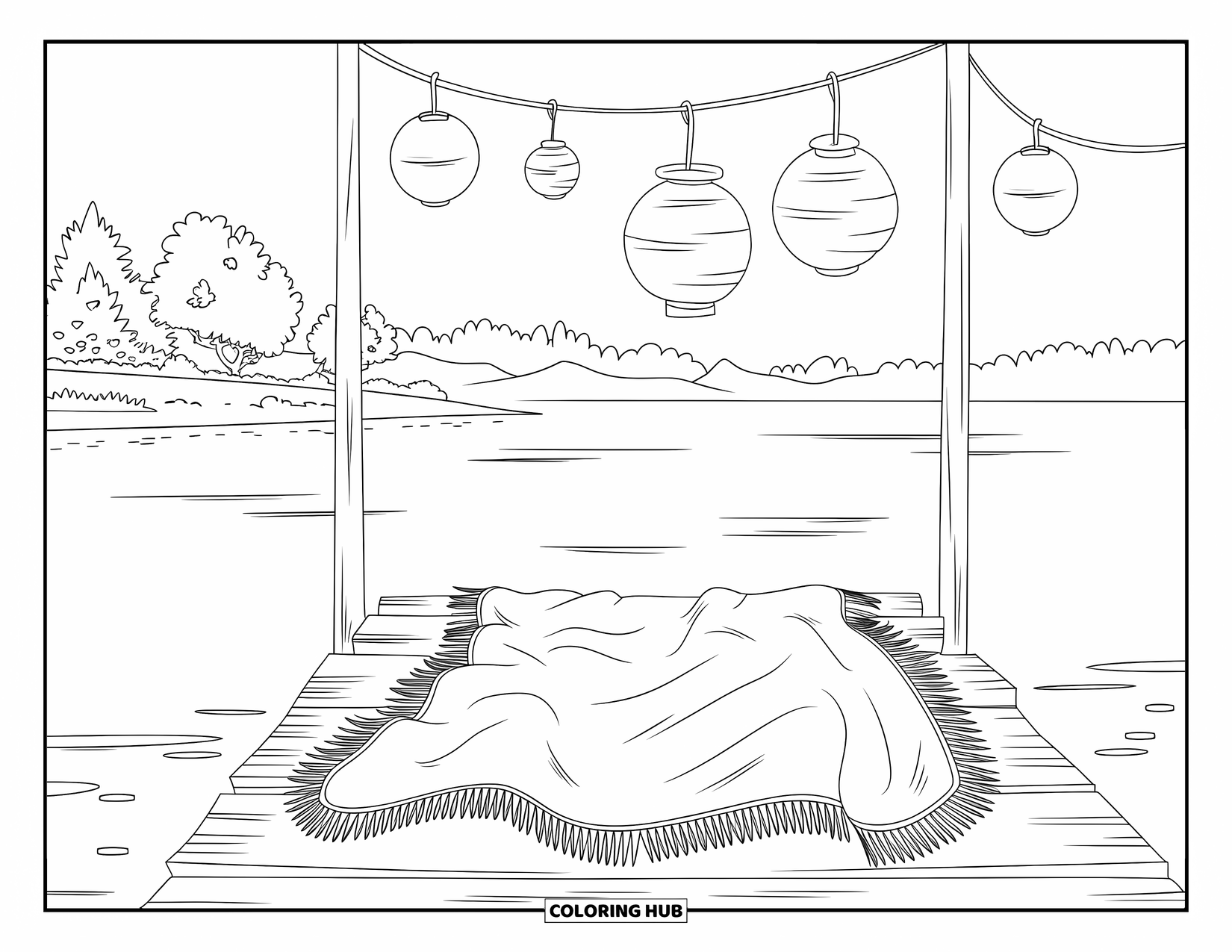 Scenic Coloring Page for Kids: A peaceful lakeside dock with hanging lanterns and a blanket for relaxing