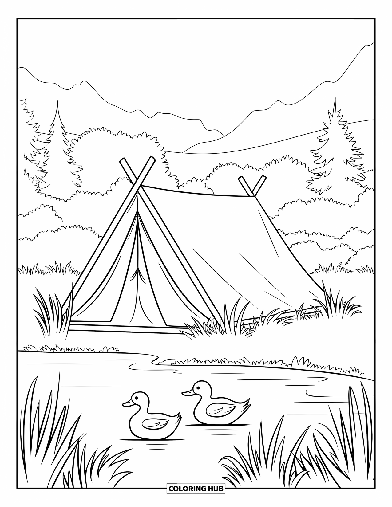 Scenic Coloring Page for Kids: A peaceful tent sits near a lake with ducks and tall grass all around