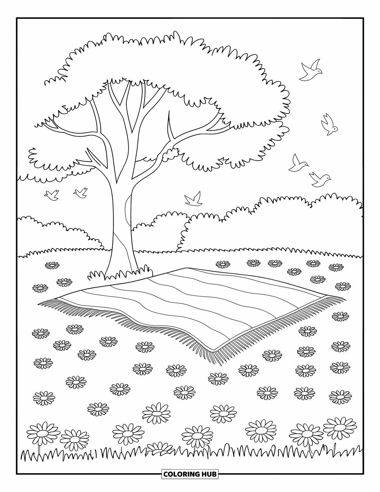 Scenic Coloring Page for Kids: A picnic scene with a blanket under a tree and birds flying above