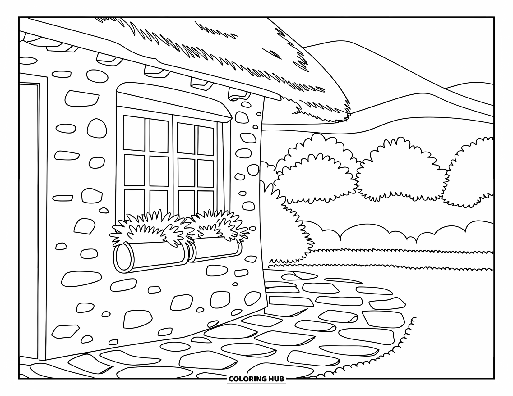 Scenic Coloring Page for Kids: A quiet cobblestone cottage with flowers and trees stands in a peaceful setting