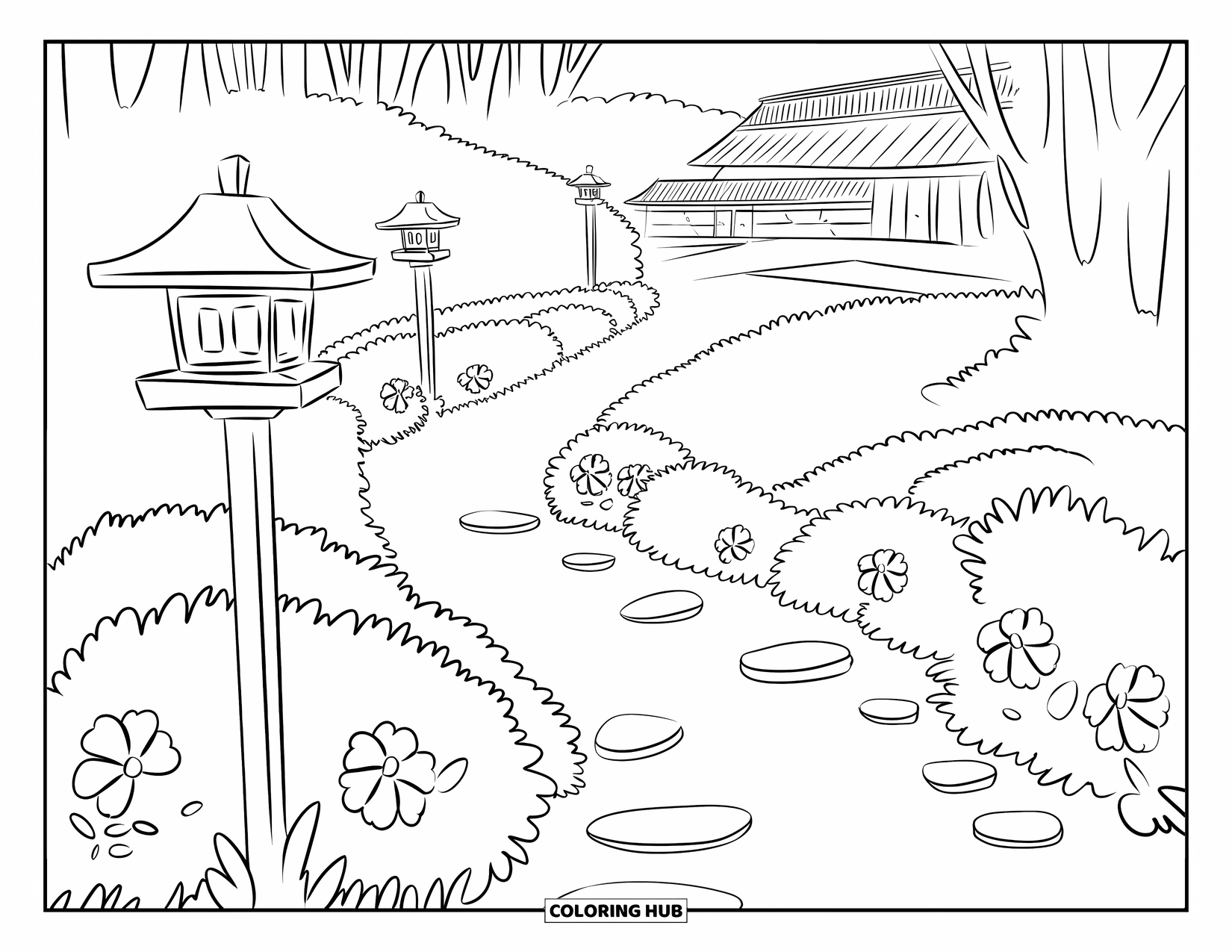 Scenic Coloring Page for Kids: A quiet garden path winds past lanterns, bushes, and a pond near a cottage