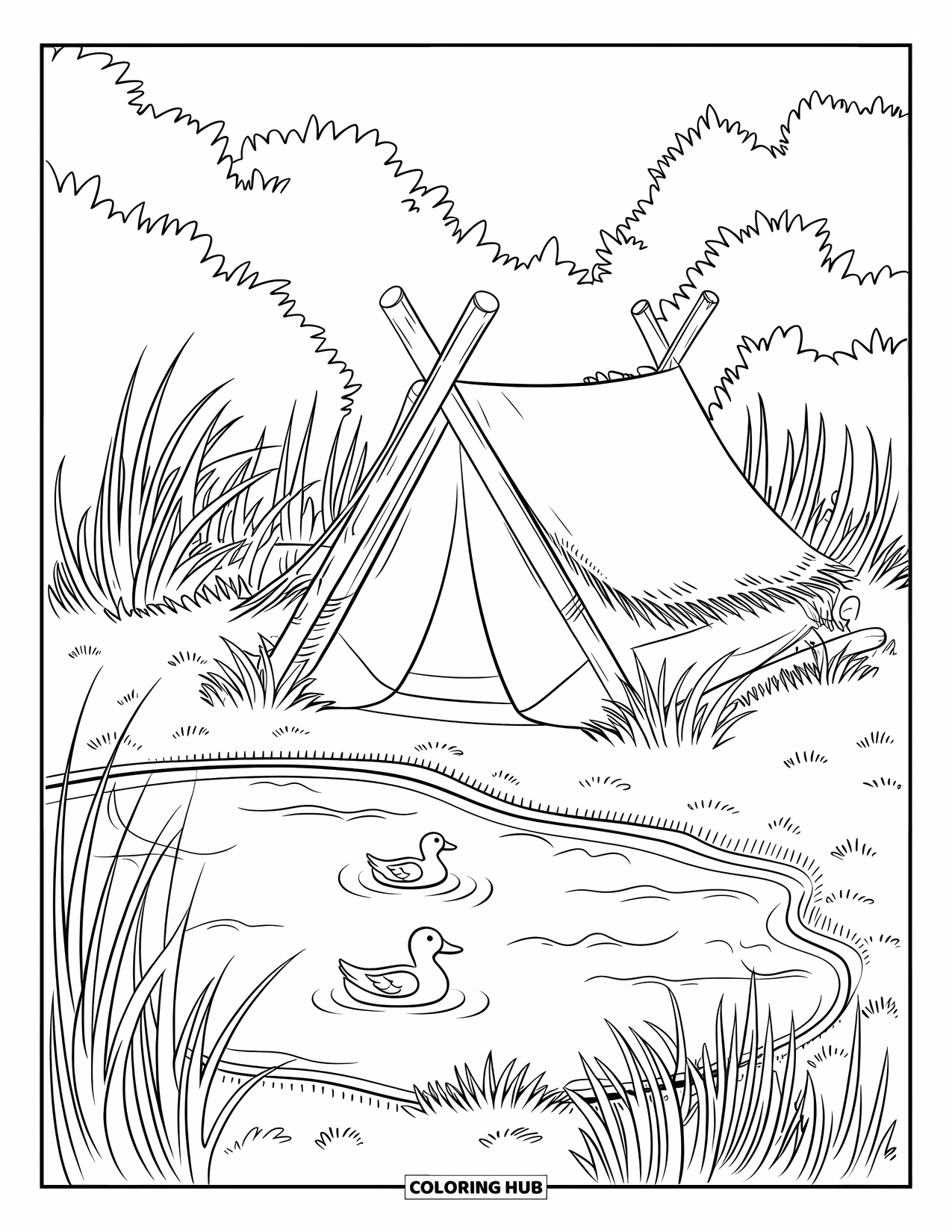 Scenic Coloring Page for Kids: A quiet lake with two ducks, a wooden tent, and tall grasses nearby