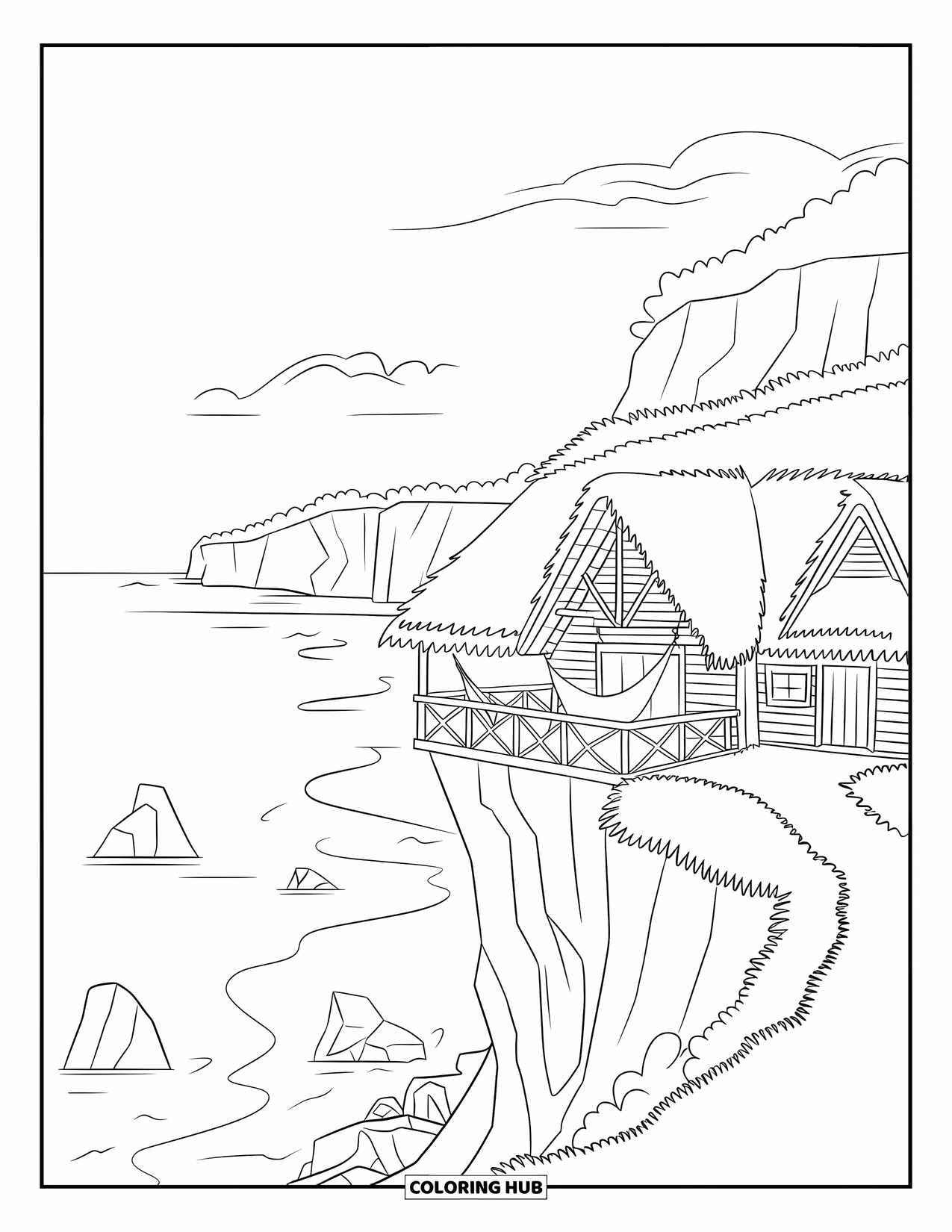 Scenic Coloring Page for Kids: A rustic cabin with a hammock sits on a cliff, gazing out at the sea
