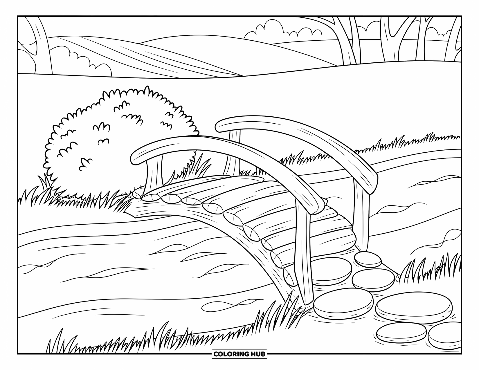 Scenic Coloring Page for Kids: A rustic wooden bridge sits over a calm stream in a grassy meadow