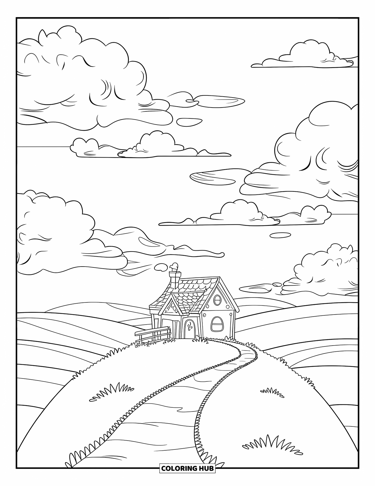 Scenic Coloring Page for Kids: A small cottage on a hill rests under puffy clouds and soft, rolling skies