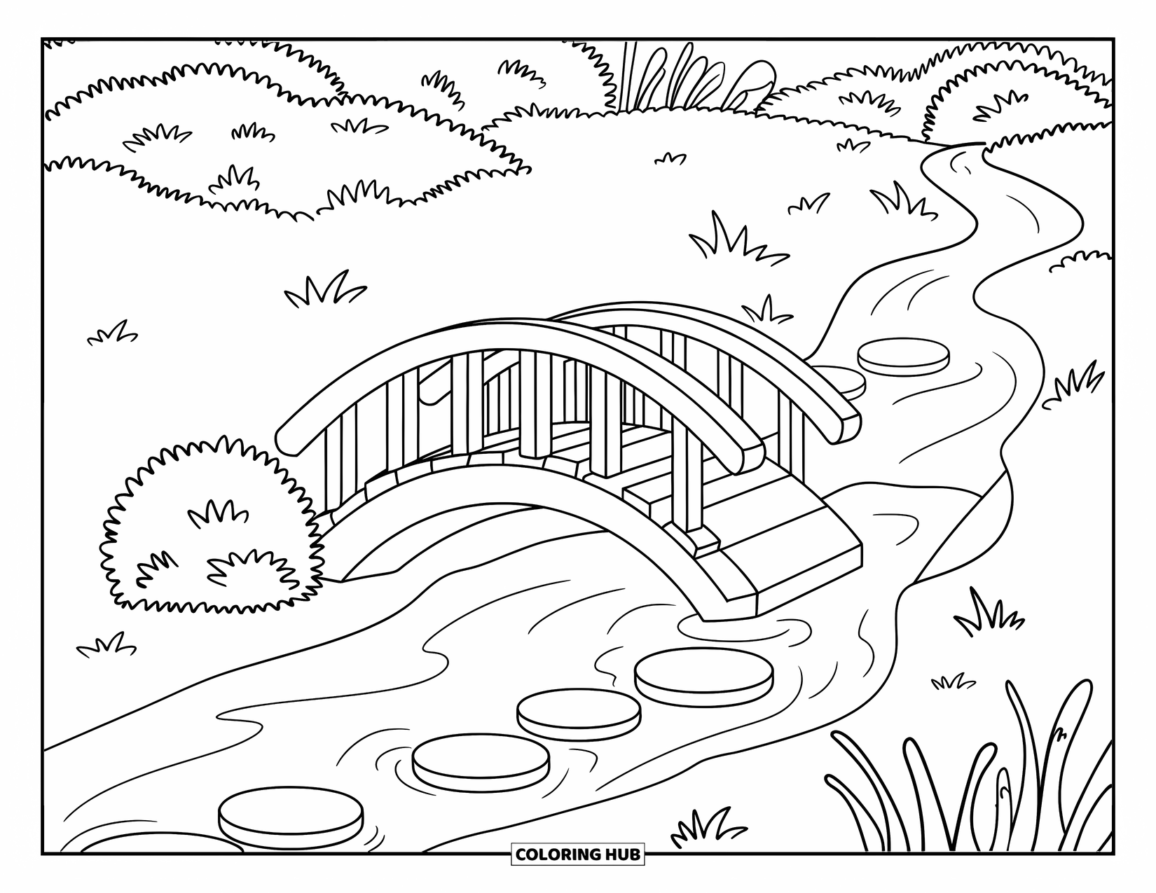 Scenic Coloring Page for Kids: A small wooden bridge crosses a quiet stream with bushes and stepping stones
