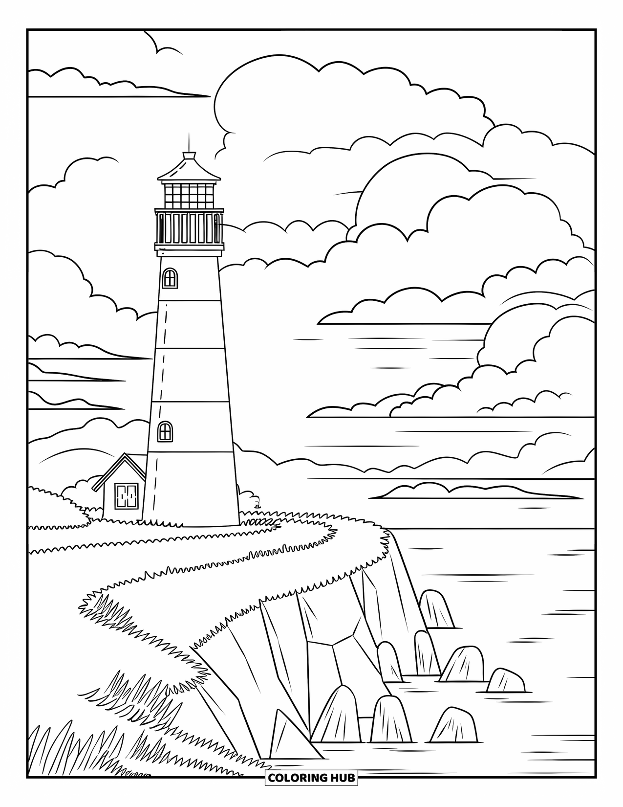 Scenic Coloring Page for Kids: A striped lighthouse sits on a rocky cliff with calm water and fluffy clouds