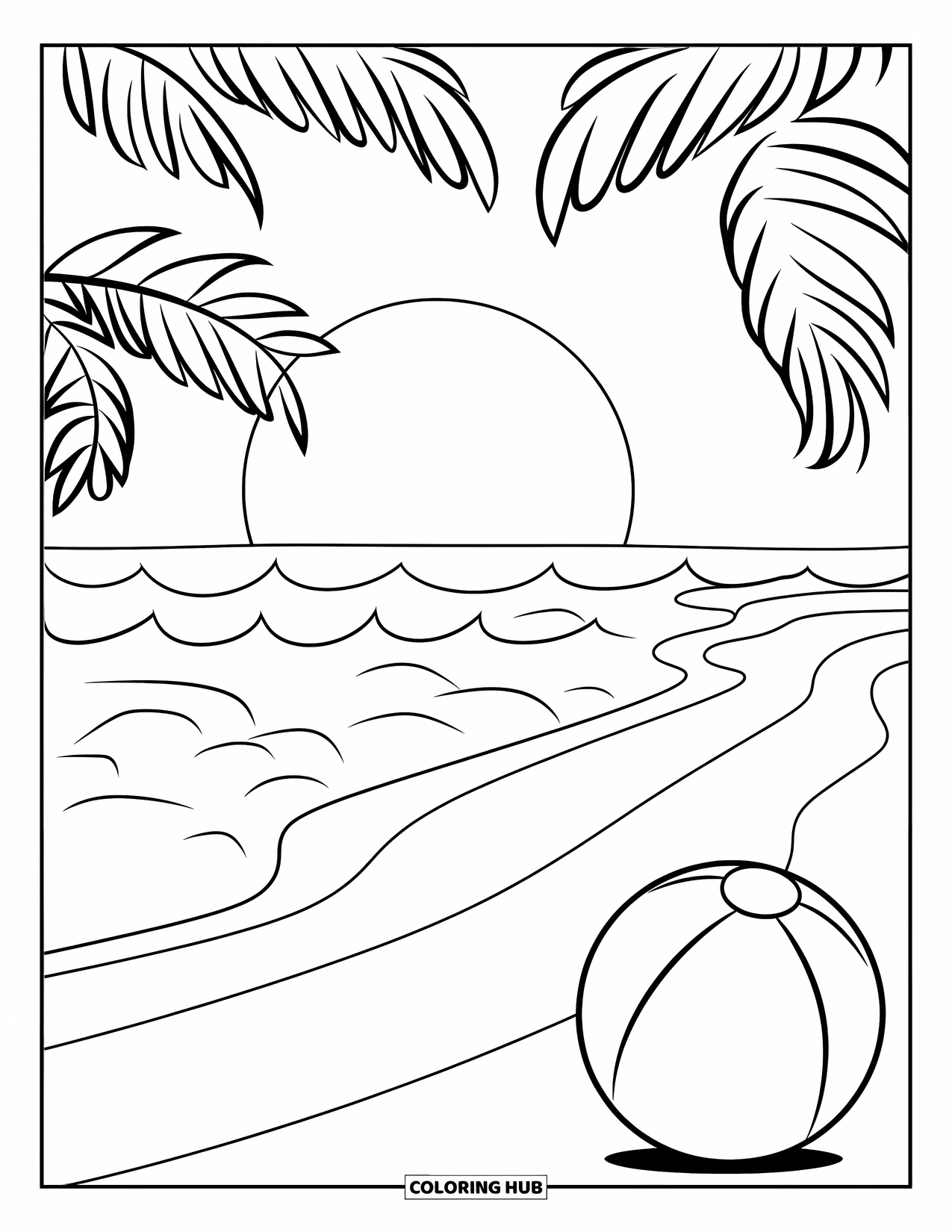 Scenic Coloring Page for Kids: A sunny beach with soft waves, a beach ball, and tall palm trees