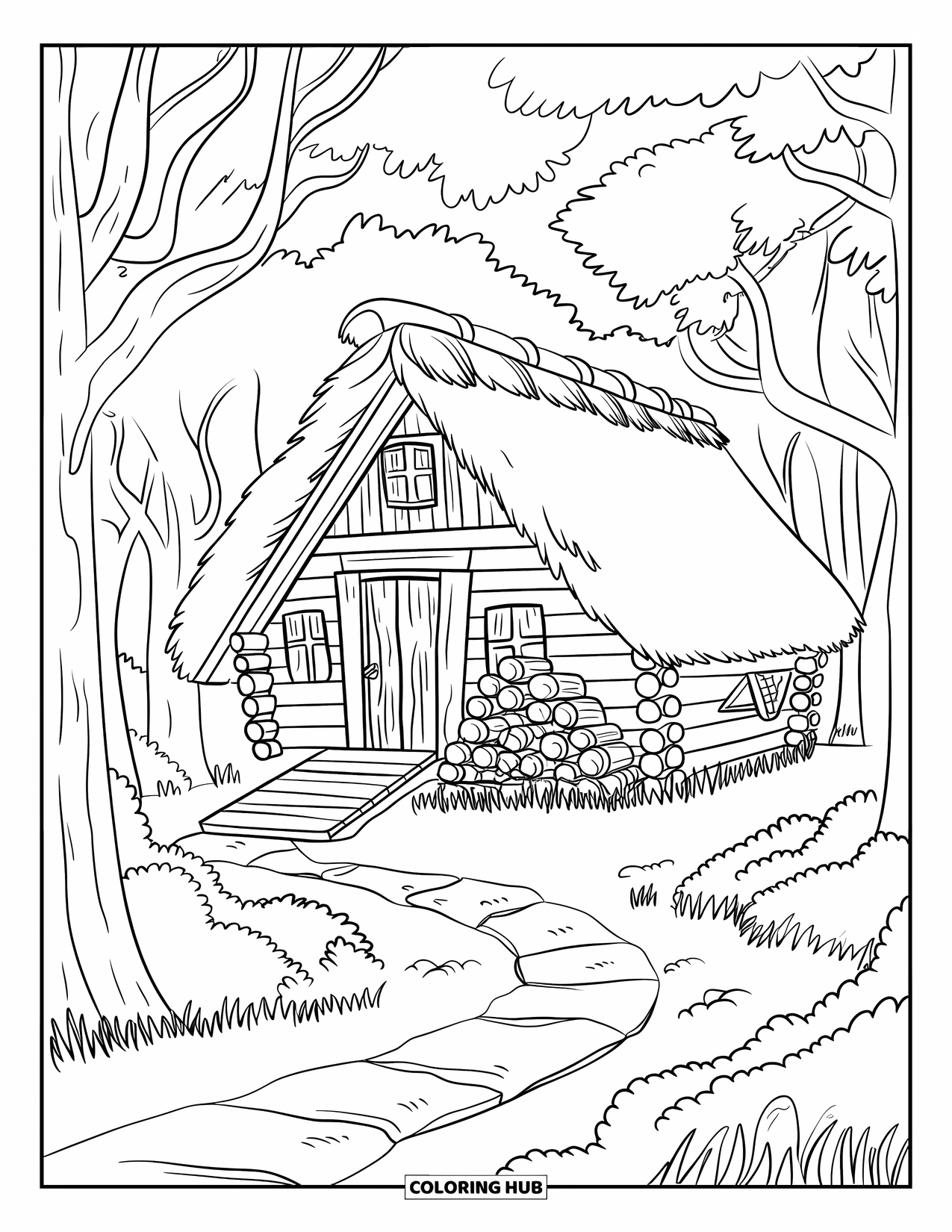 Scenic Coloring Page for Kids: A thatched-roof cabin with firewood and a ramp nestles among tall forest trees