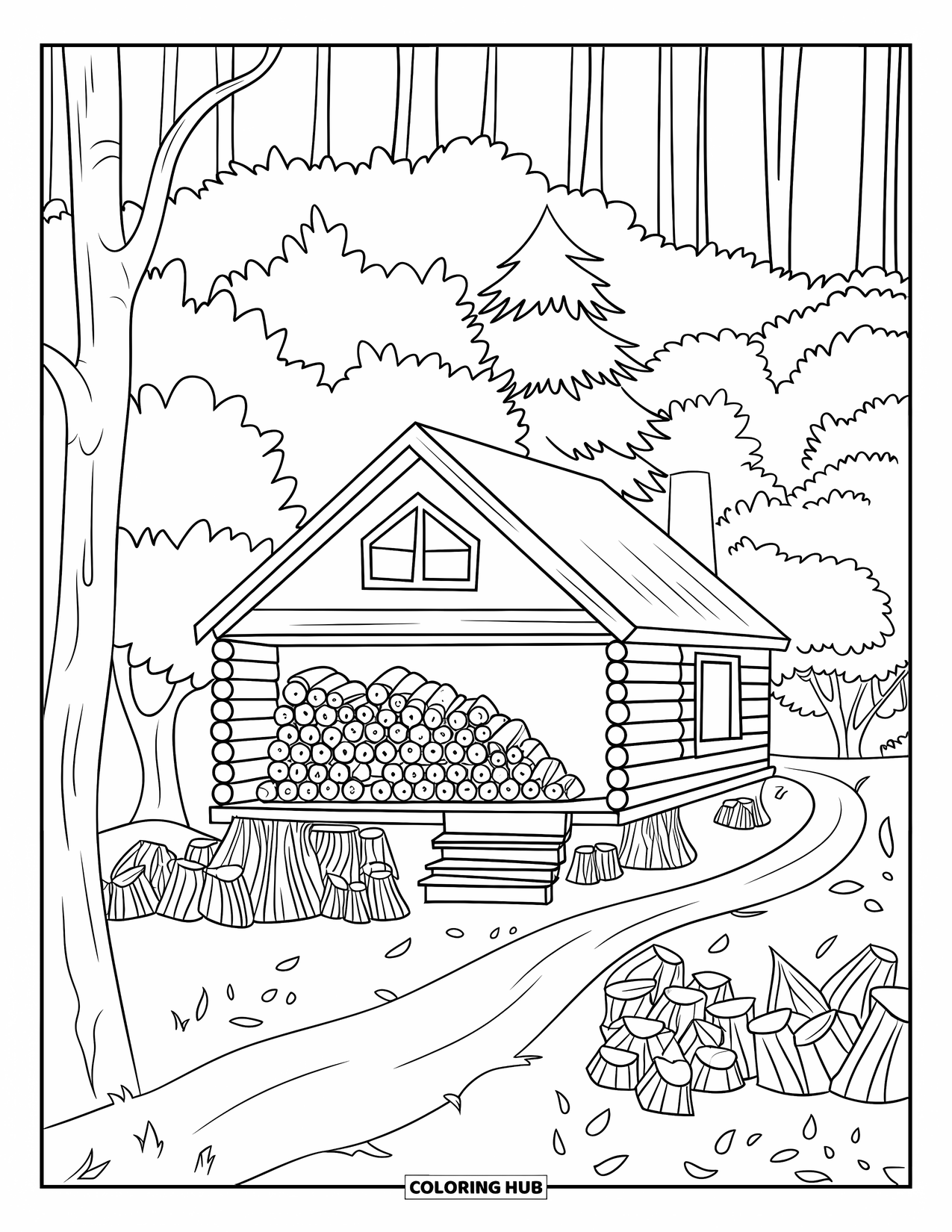 Scenic Coloring Page for Kids: A wooden cabin with a chimney stands quietly among tall trees and fallen leaves