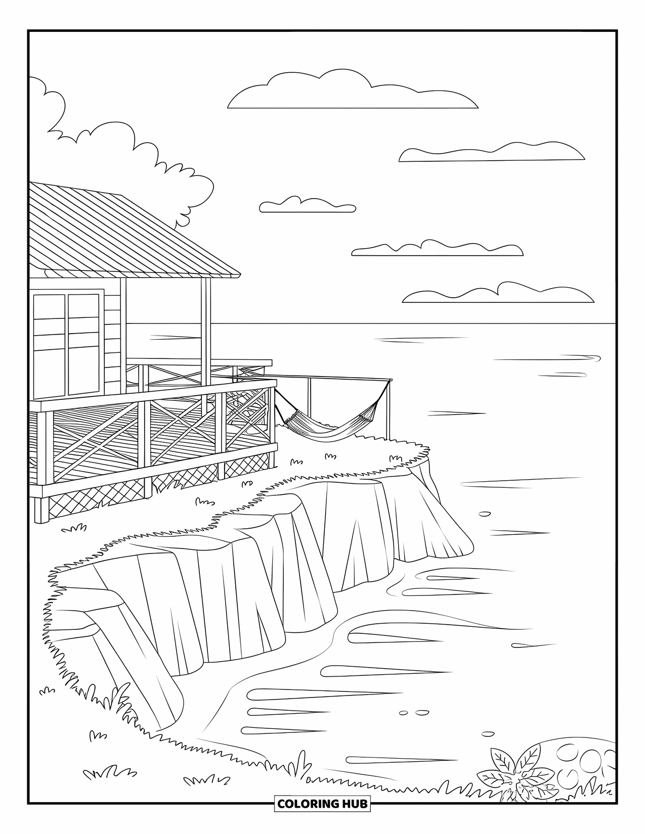 Scenic Coloring Page for Kids: A wooden cabin with a hammock looks out over cliffs and gentle ocean waves