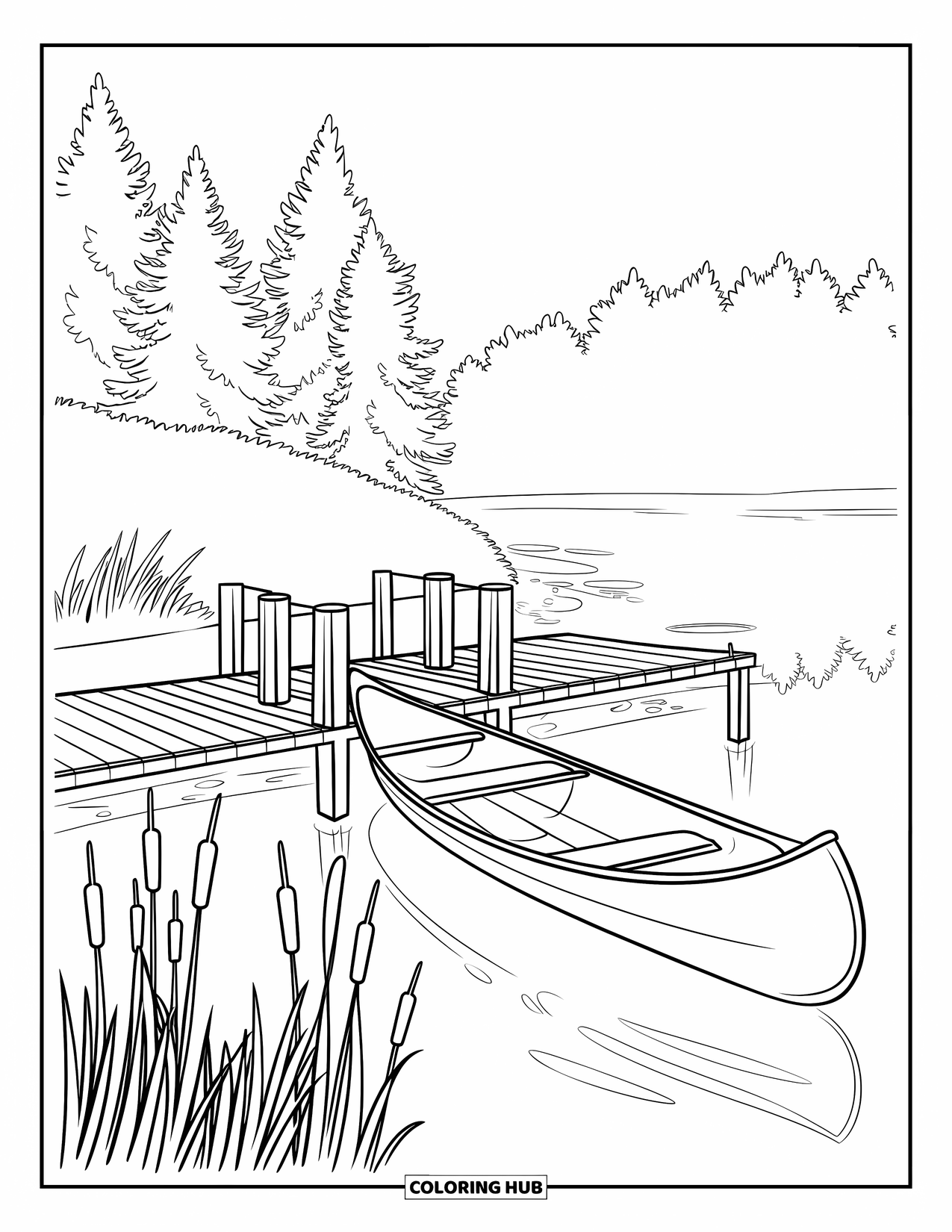 Scenic Coloring Page for Kids: A wooden dock and canoe rest by a still lake lined with cattails and trees