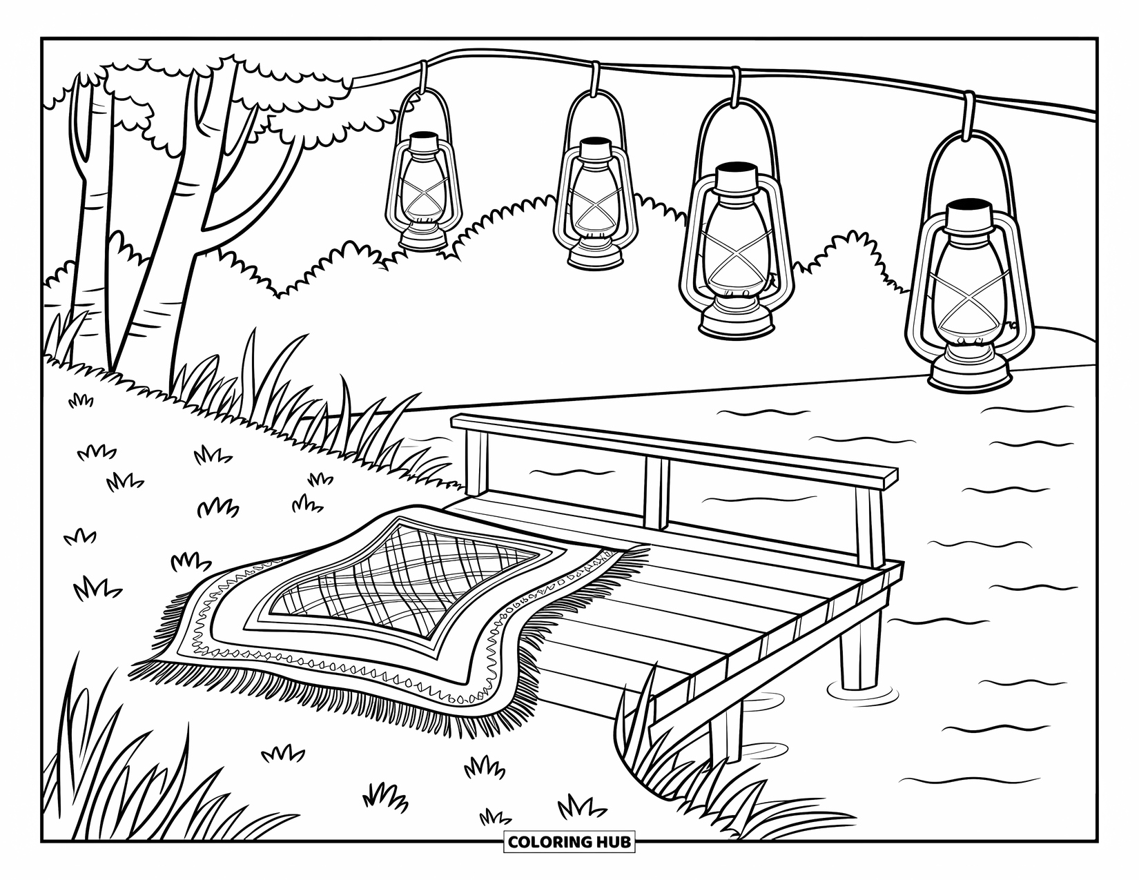 Scenic Coloring Page for Kids: A wooden dock with lanterns, a soft blanket, and a peaceful nature backdrop