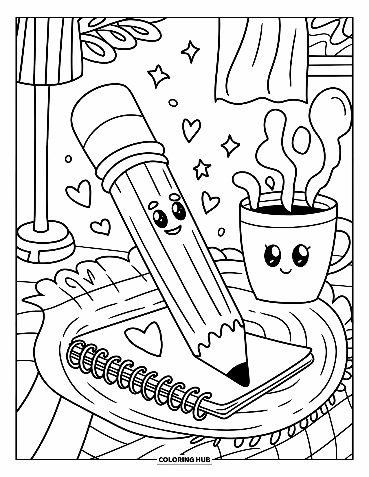 School Supplies Coloring Page for Adults: A chunky pencil and cozy notebook rest on a rug with stars, hearts, mug, plant, and lamp
