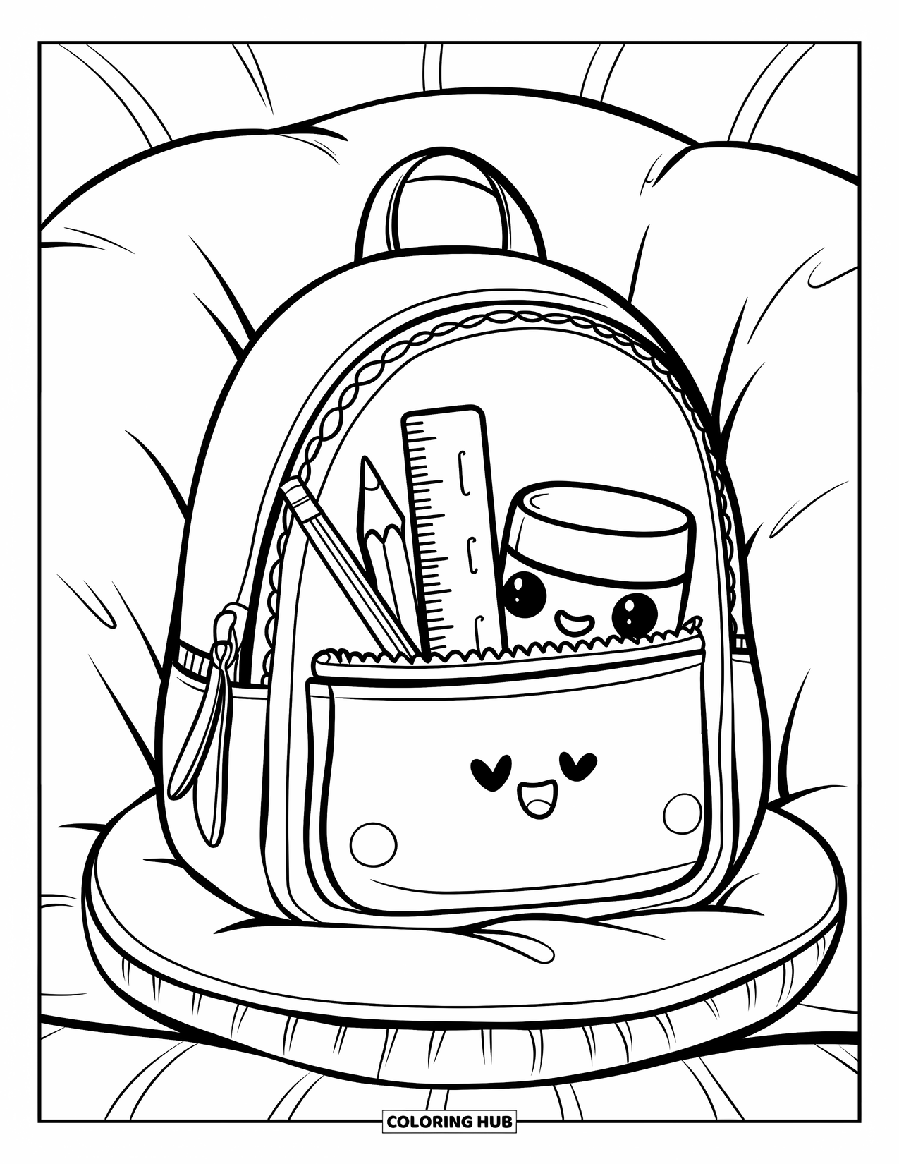 School Supplies Coloring Page for Adults: A cozy backpack on a cushion unzipped to reveal pencil case, ruler, and peeking eraser