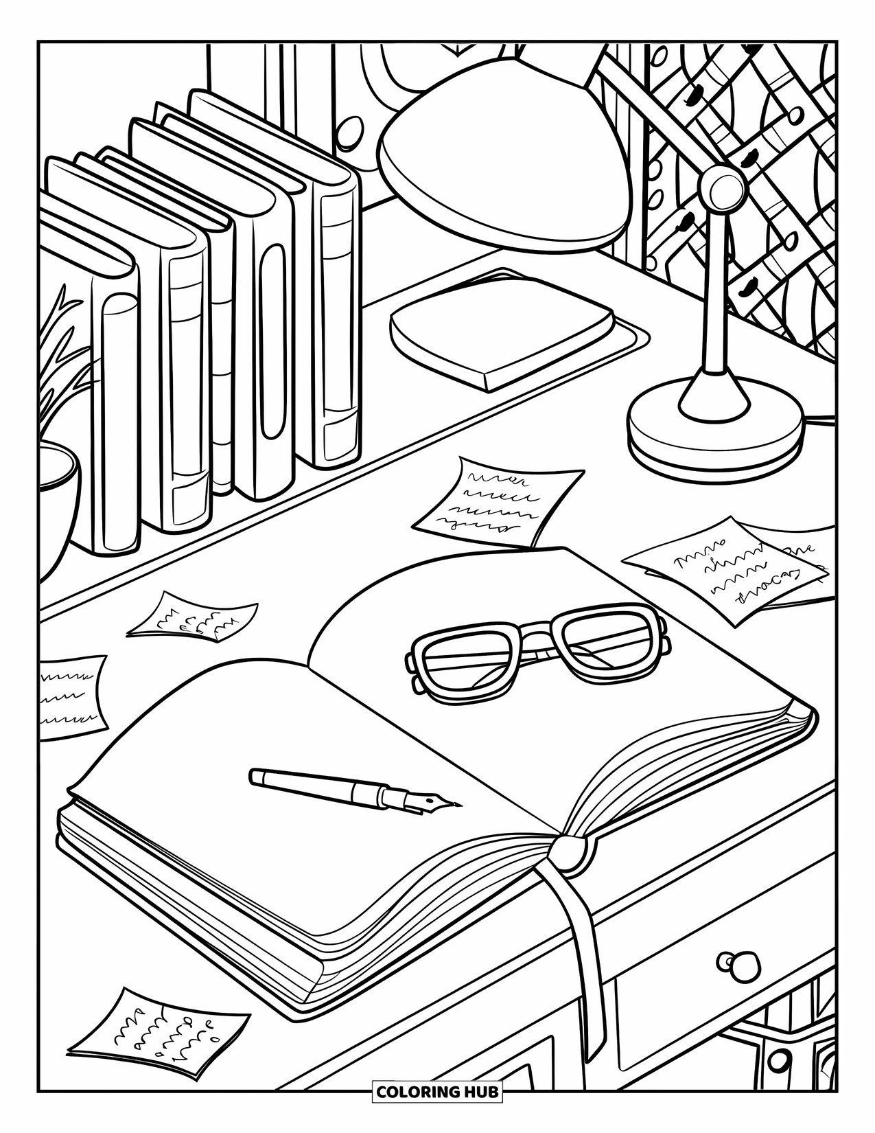 School Supplies Coloring Page for Adults: A cozy desk with open journal, fountain pen, glasses, scattered notes, books, lamp, and plant