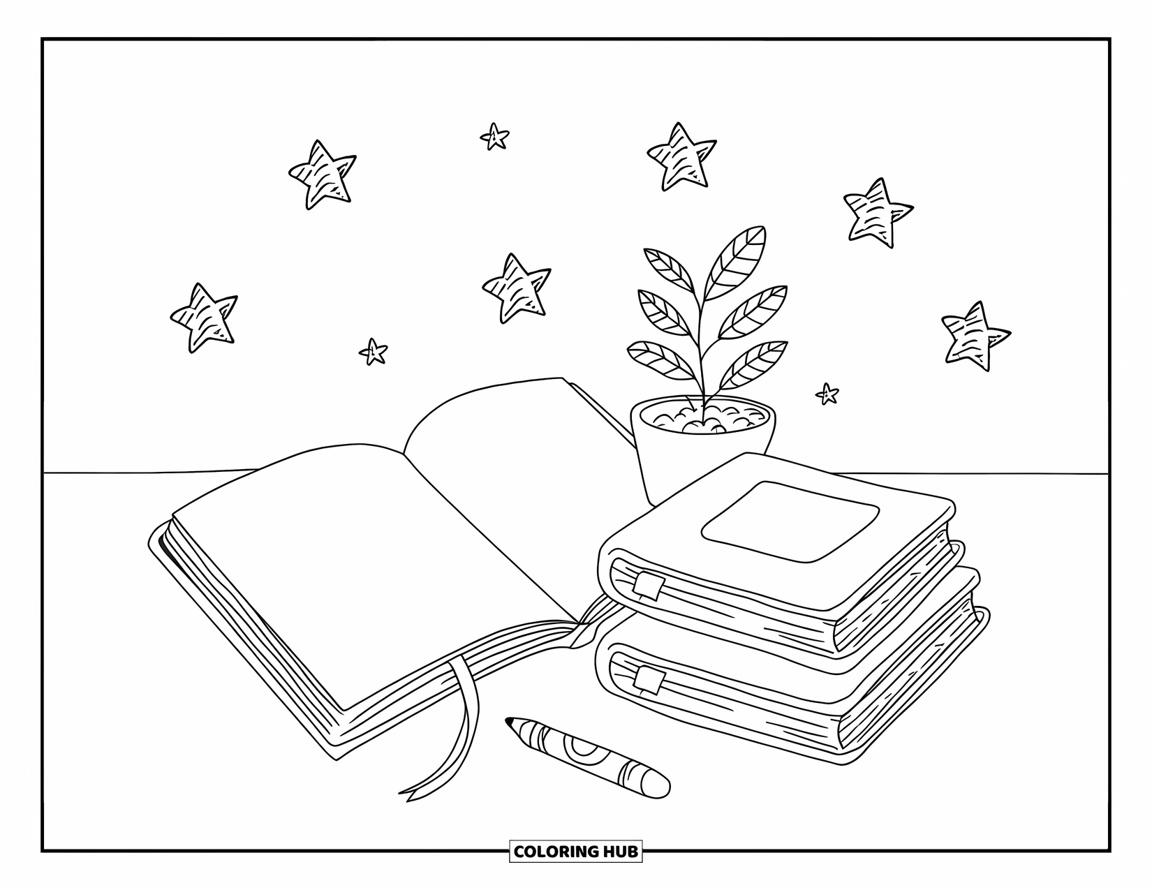School Supplies Coloring Page for Adults: A cozy nook with sketchbook, stacked books, friendly crayon, tiny plant, and drifting stars