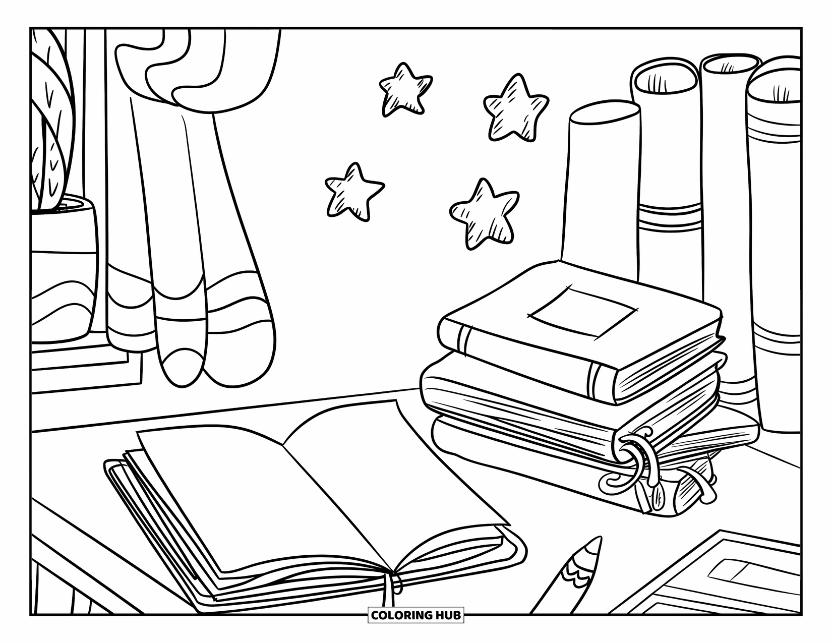 School Supplies Coloring Page for Adults: A cozy sketchbook, stacked books, friendly crayon, tiny plant, and drifting stars above