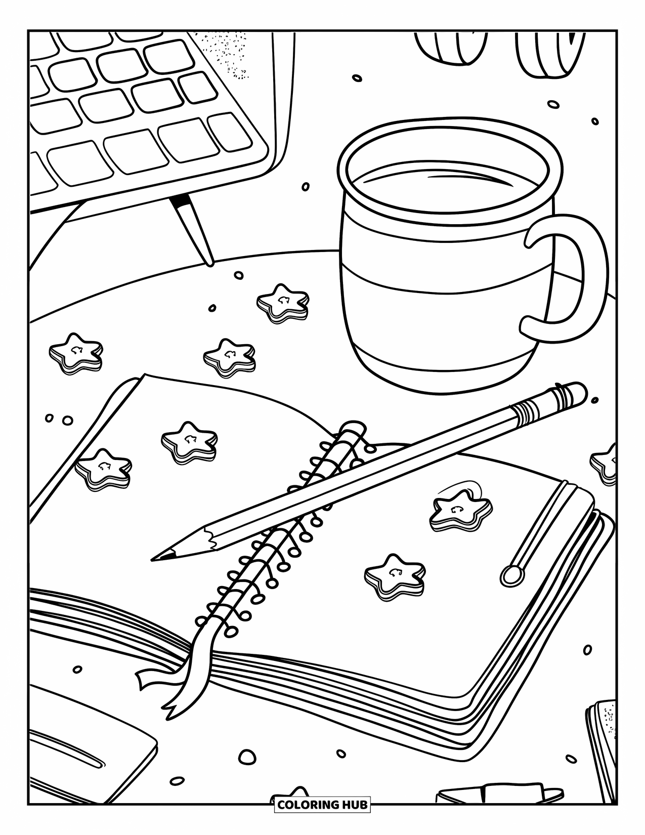 School Supplies Coloring Page for Adults: A cute desk scene with cozy mug, chubby pencil on planner, and tiny star clips