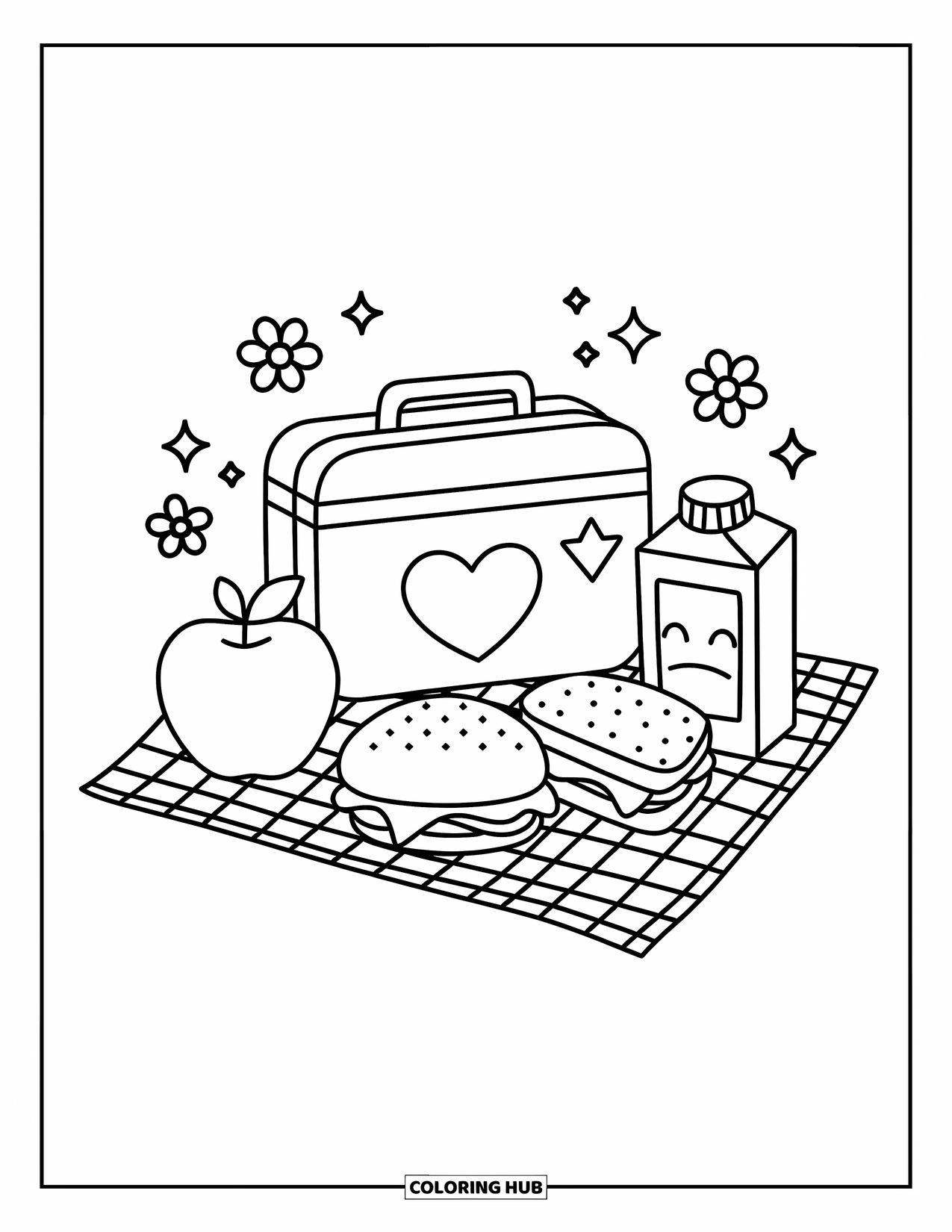 School Supplies Coloring Page for Adults: A cute lunch box with heart, star, apple, sandwich, juice, flowers, and sparkles