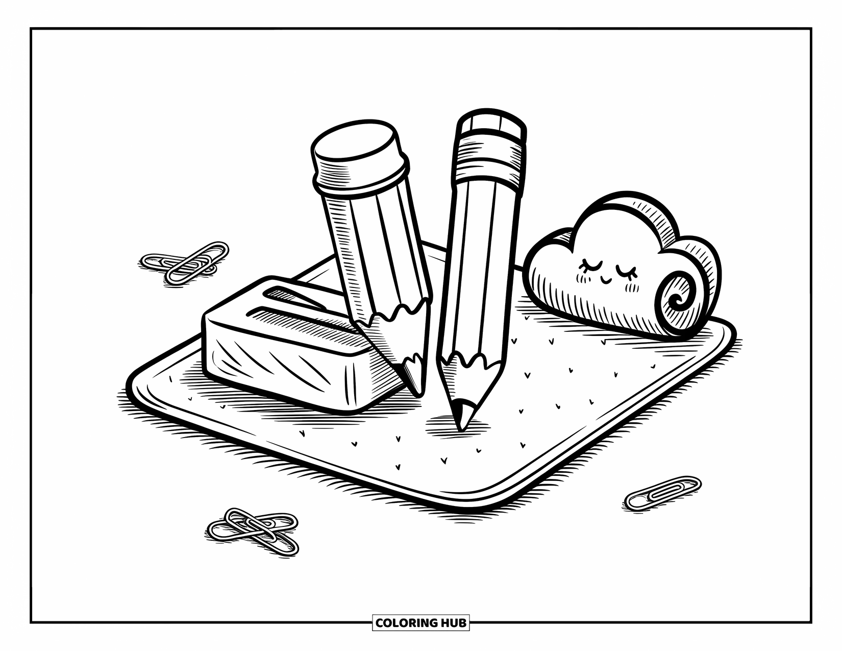 School Supplies Coloring Page for Adults: A hand-drawn sharpener and stubby pencil hold hands on a mat with clips and cloud note