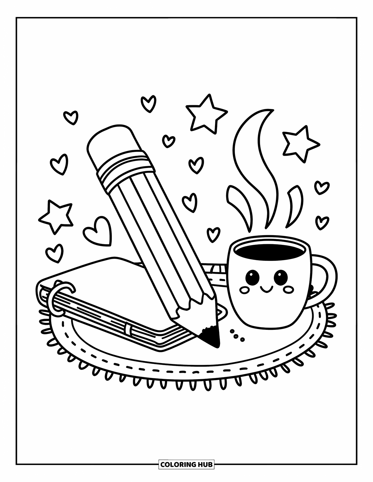 School Supplies Coloring Page for Adults: A happy chunky pencil leans on a snuggly notebook with stars, hearts, and a smiling mug