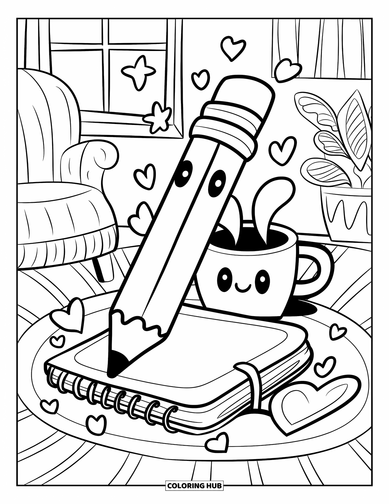 School Supplies Coloring Page for Adults: A happy pencil leans on a notebook with stars, hearts, mug, window, chair, and plant