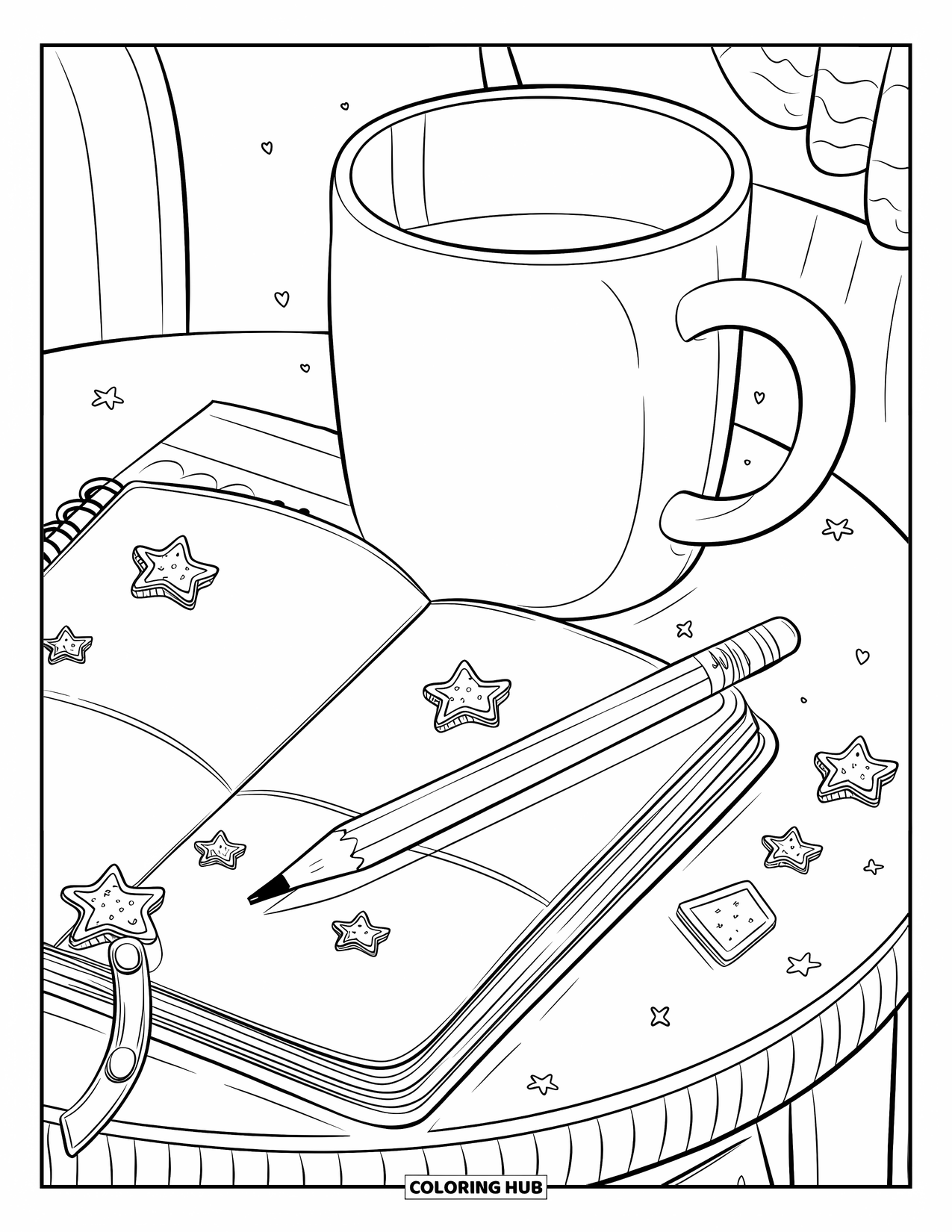 School Supplies Coloring Page for Adults: A round desk with oversized mug, chubby pencil on planner, and scattered star clips