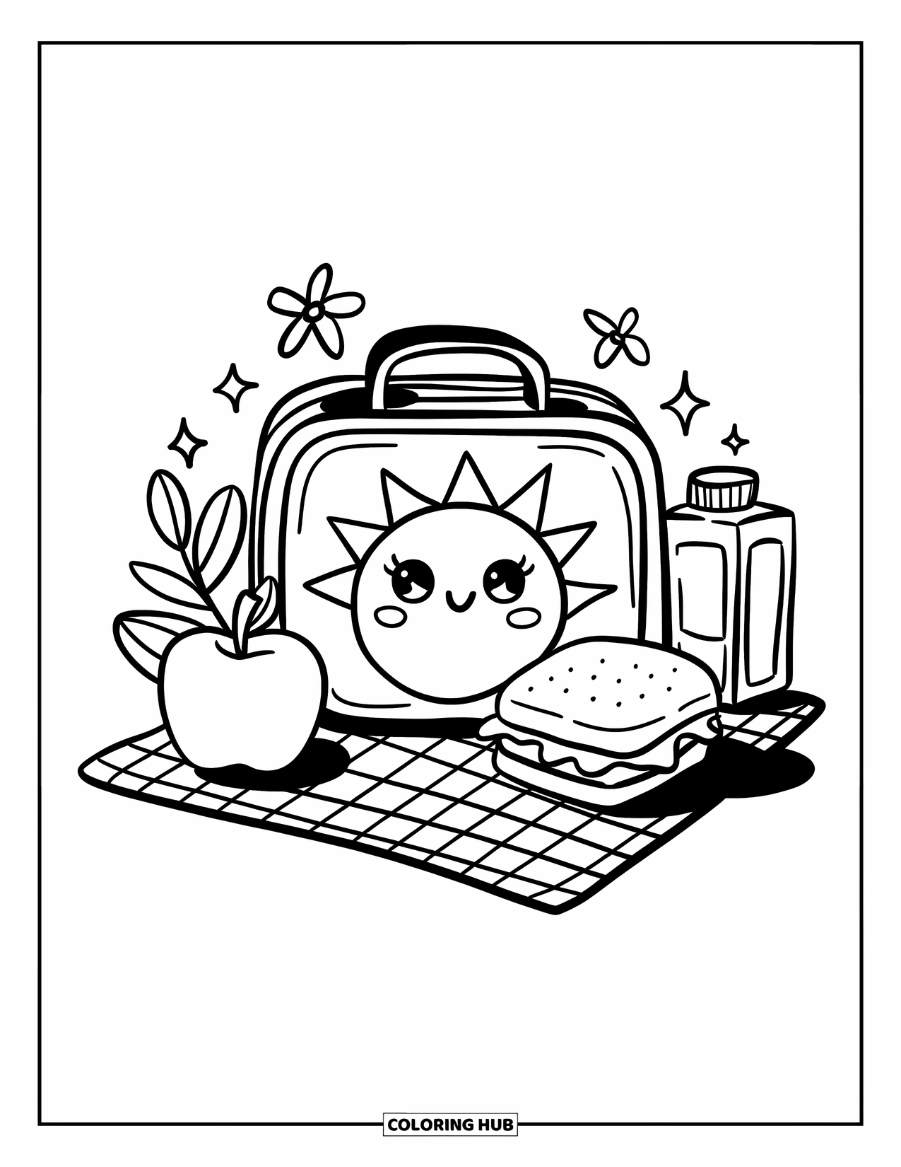 School Supplies Coloring Page for Adults: A sweet lunch box with smiling sun, apple, sandwich, juice, flowers, and sparkles nearby