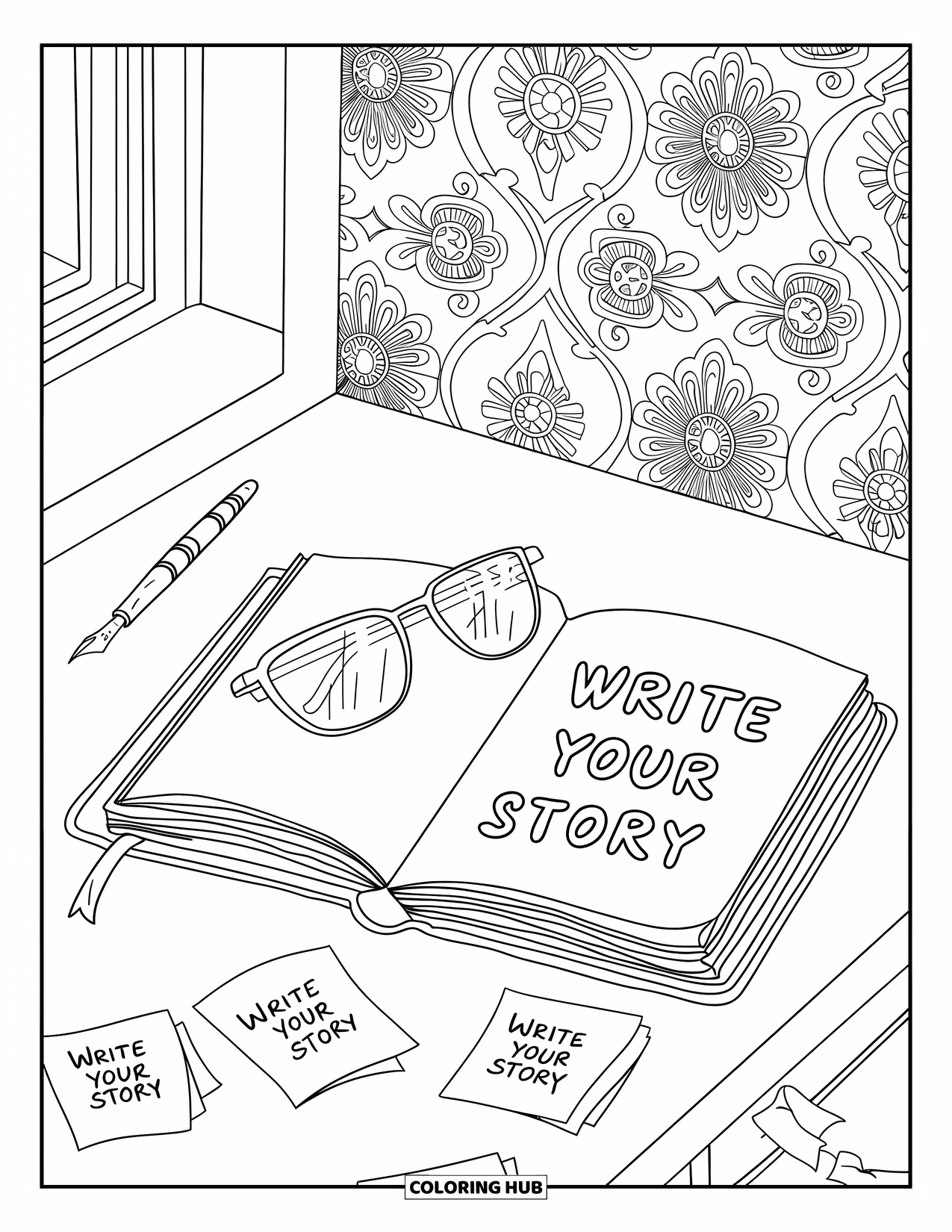School Supplies Coloring Page for Adults: A writer's desk with open journal, pen, glasses, and notes saying "Write your story"