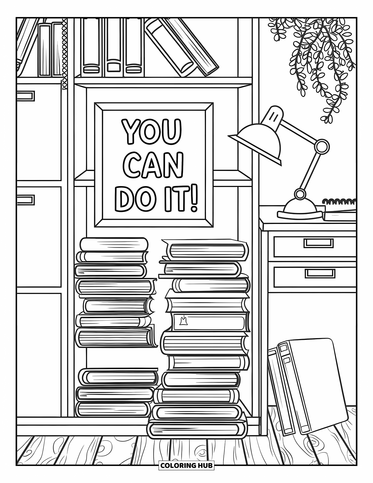 School Supplies Coloring Page for Adults: Bookshelf and desk with books, framed quote, lamp, pen, notebook, and a cozy corner